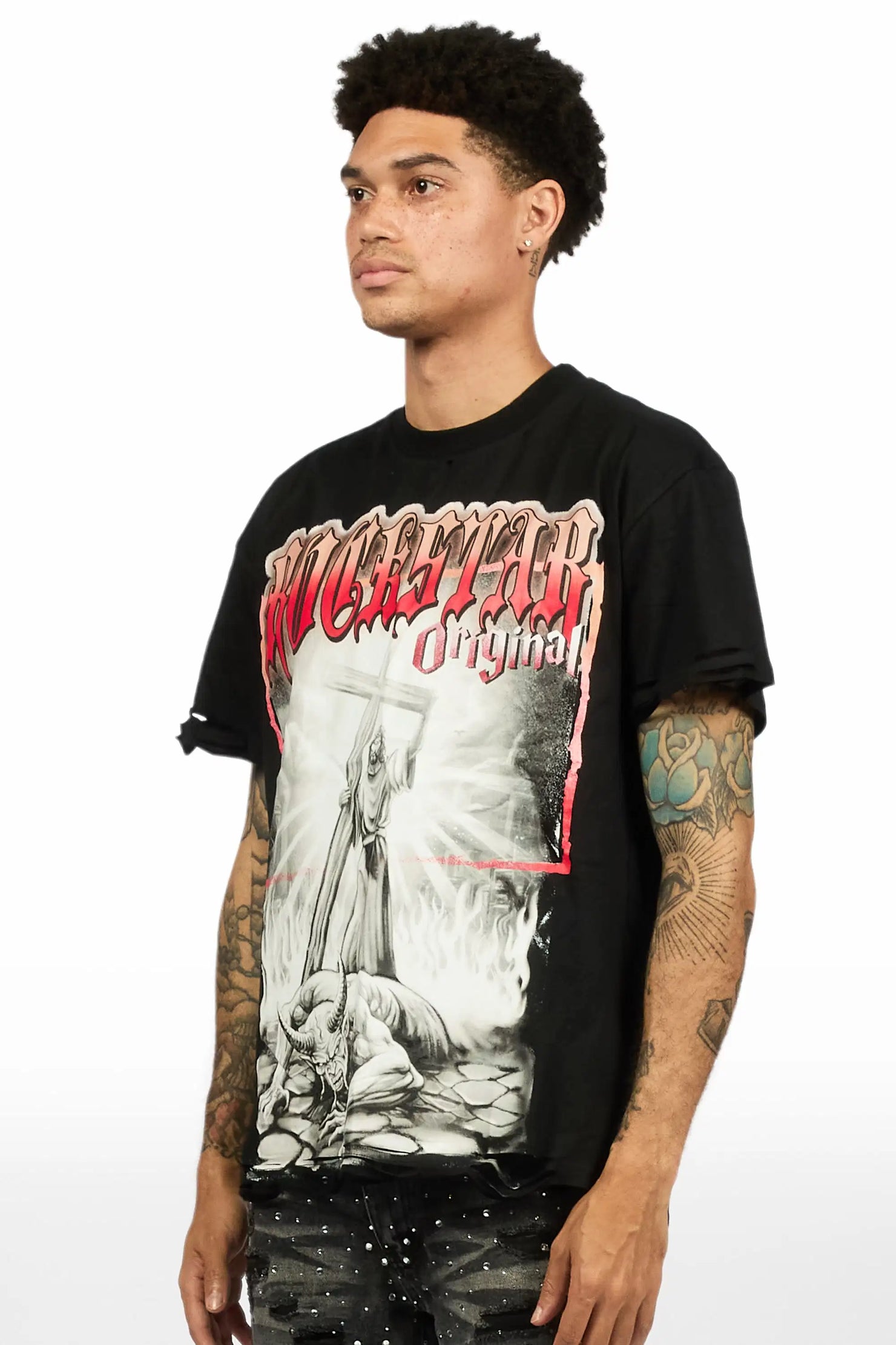 Renzo Black Oversized Graphic T-Shirt