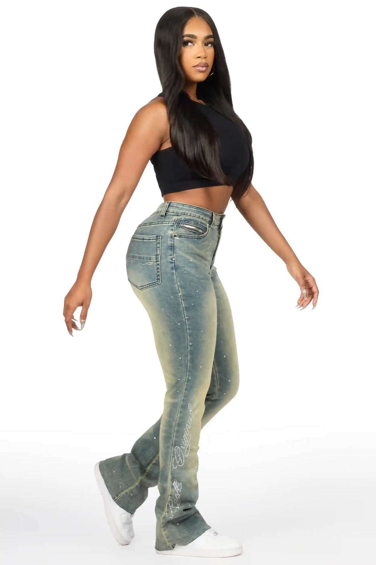 Chanteal Tinted Wash Rhinestone Stacked Flare Jean