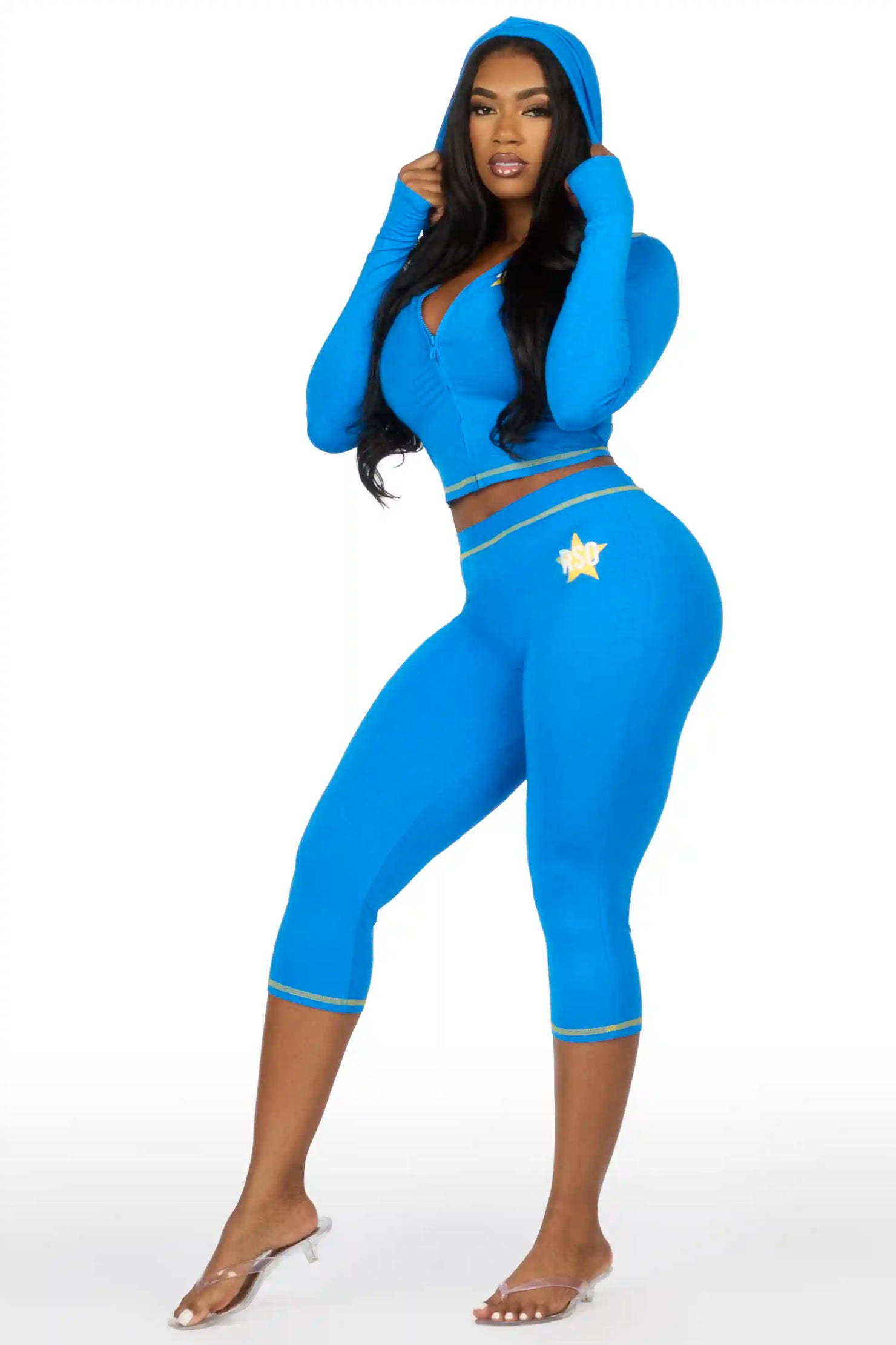 Sharina Blue Zip Up Capri Set