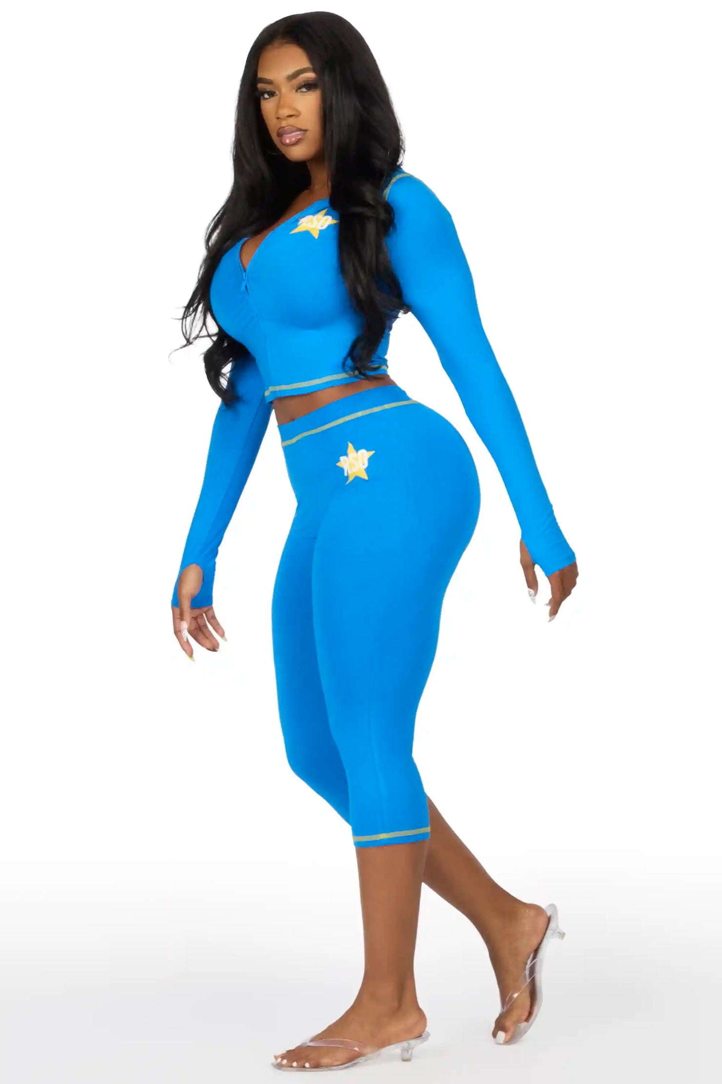 Sharina Blue Zip Up Capri Set