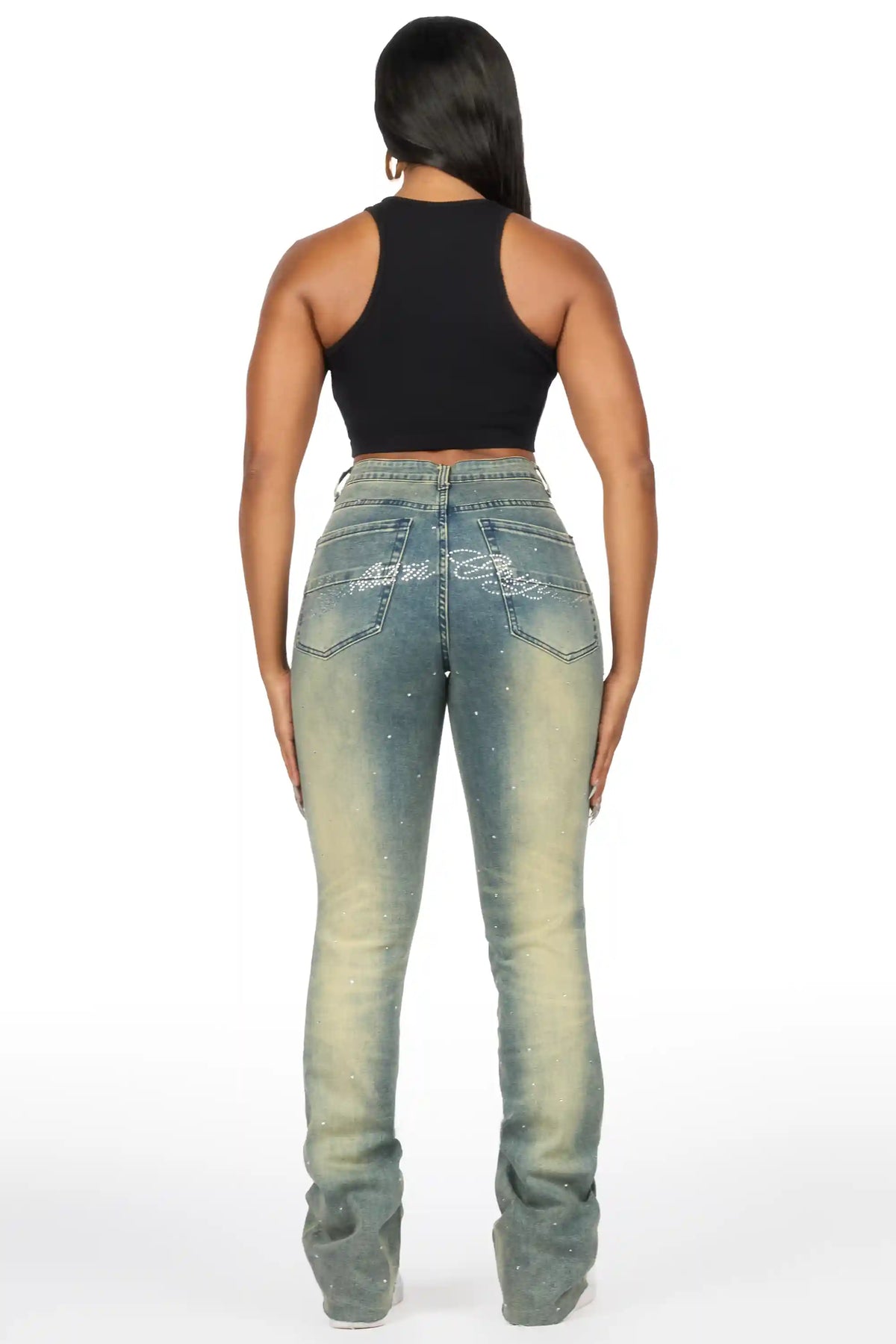 Chanteal Tinted Wash Rhinestone Stacked Flare Jean