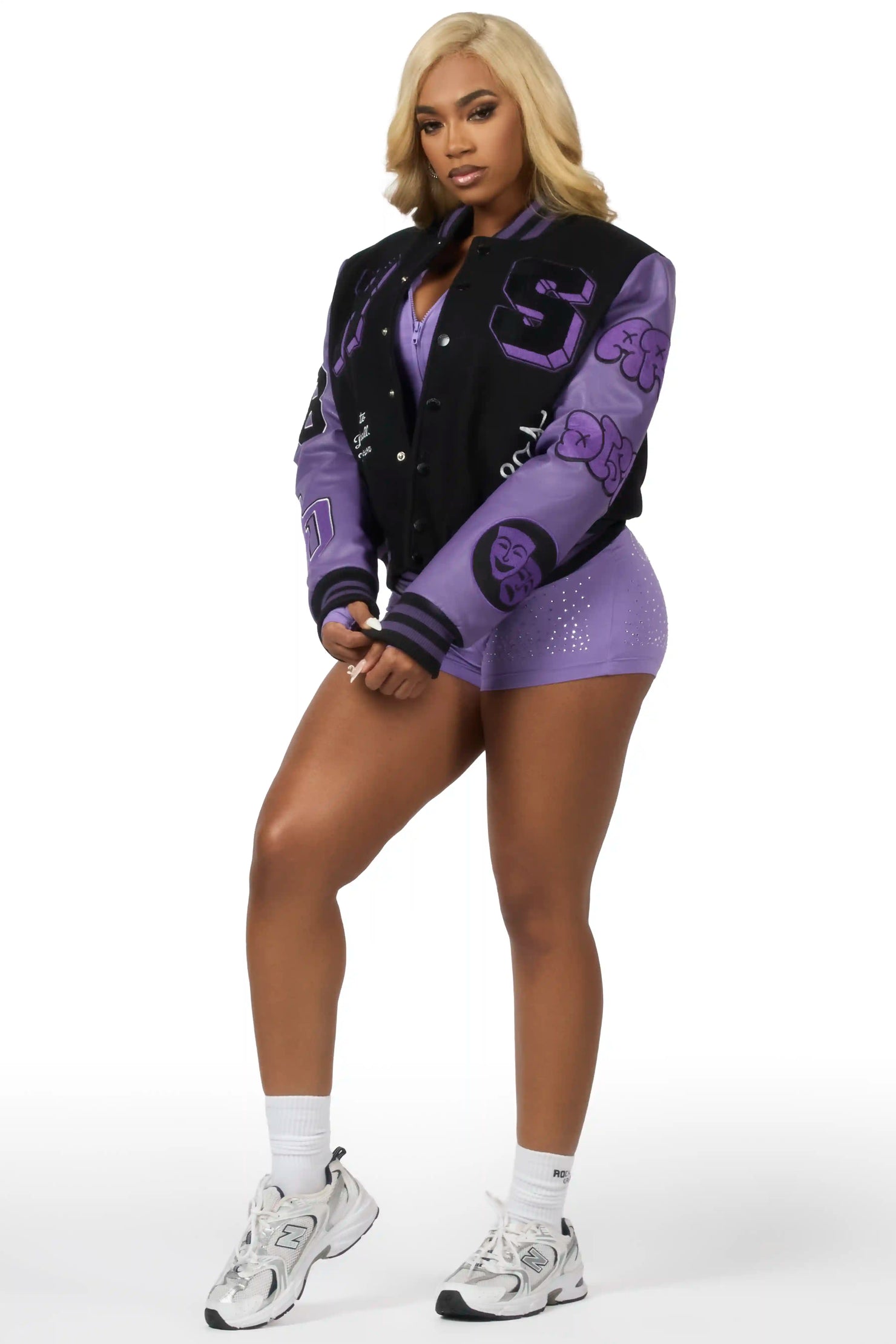 Leslee Black/Purple Oversized Varsity Jacket