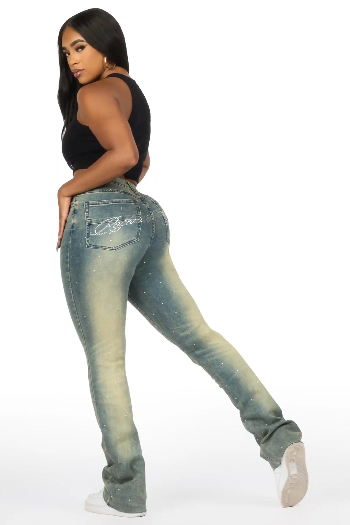 Chanteal Tinted Wash Rhinestone Stacked Flare Jean