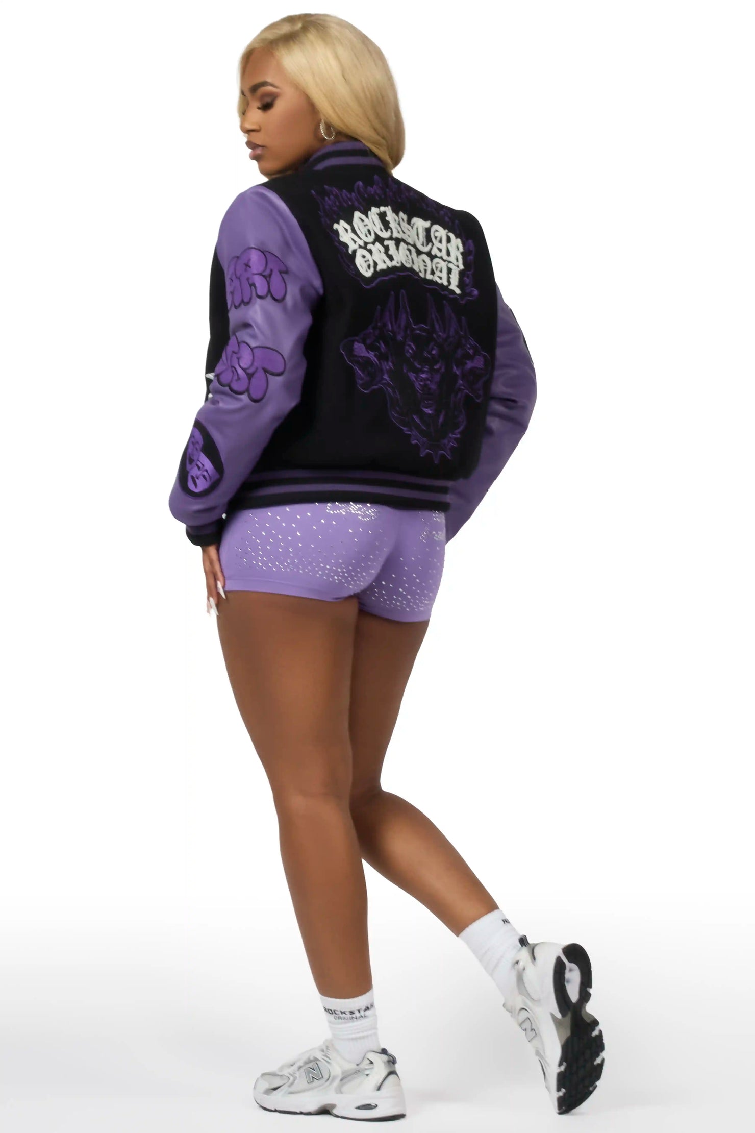 Leslee Black/Purple Oversized Varsity Jacket