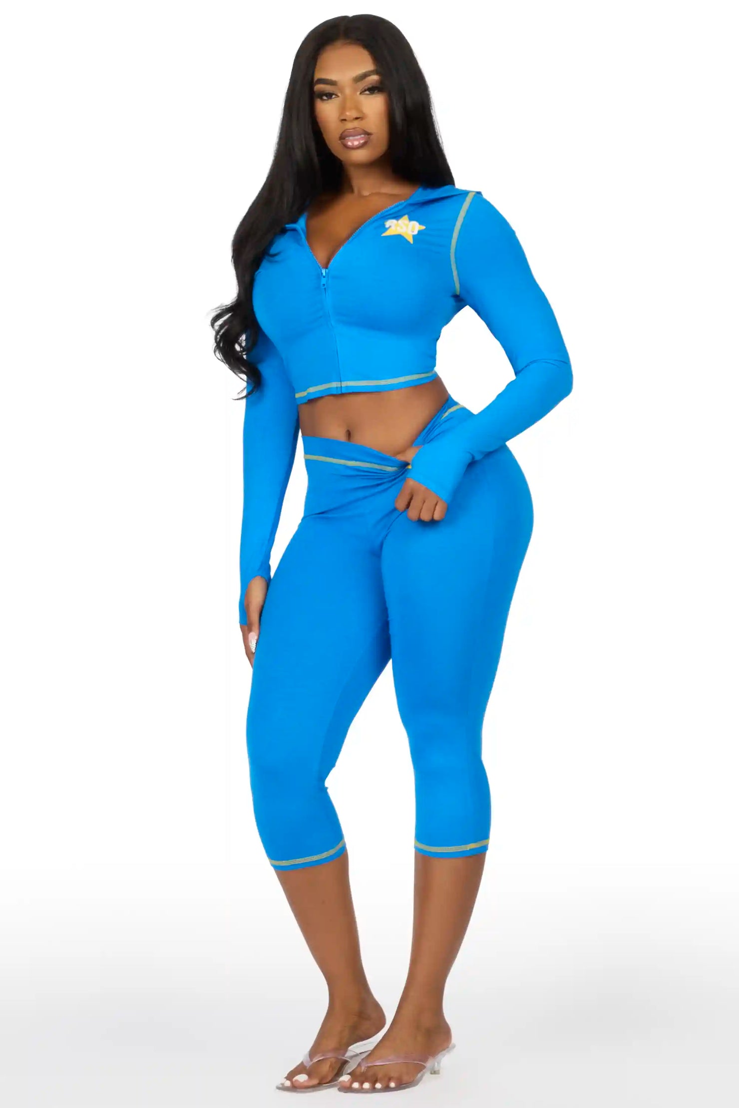 Sharina Blue Zip Up Capri Set