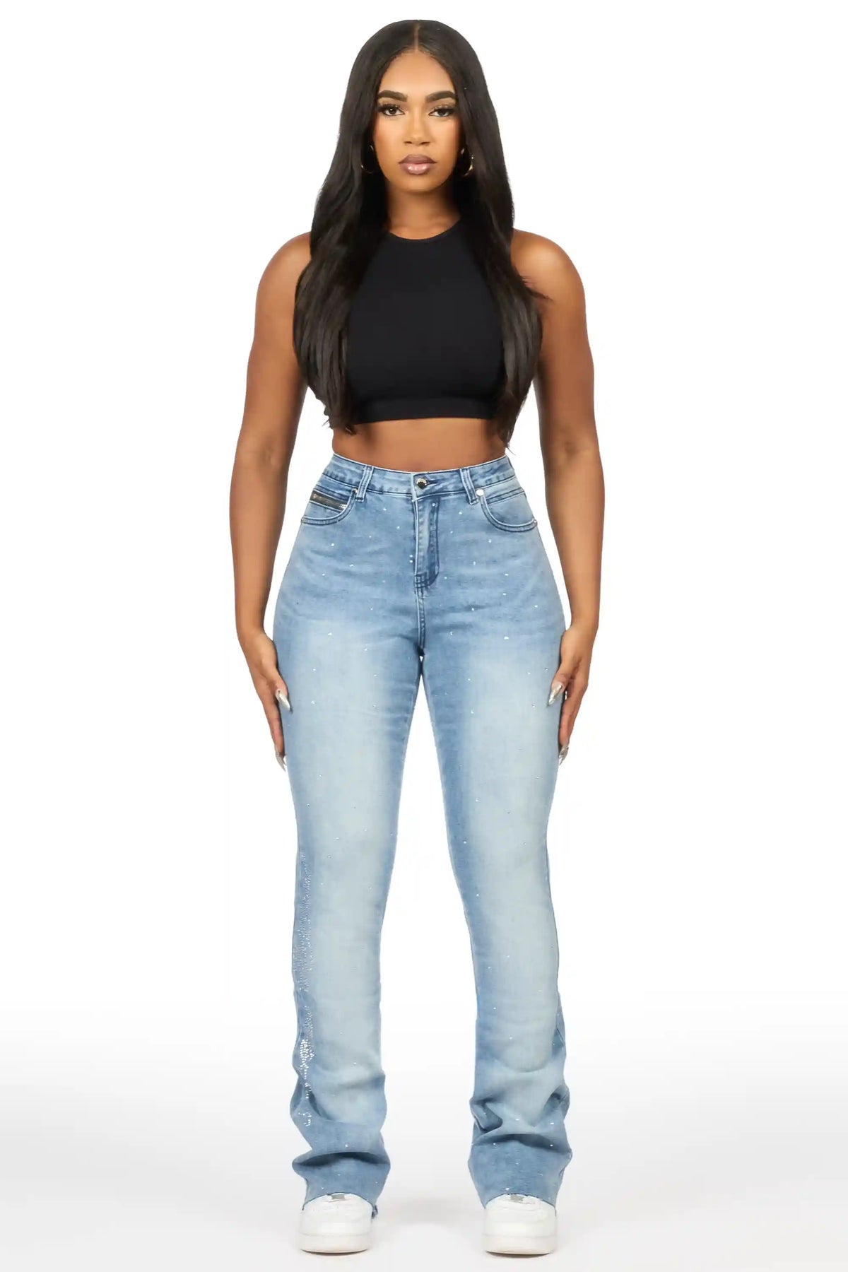 Chanteal Light Wash Rhinestone Stacked Flare Jean