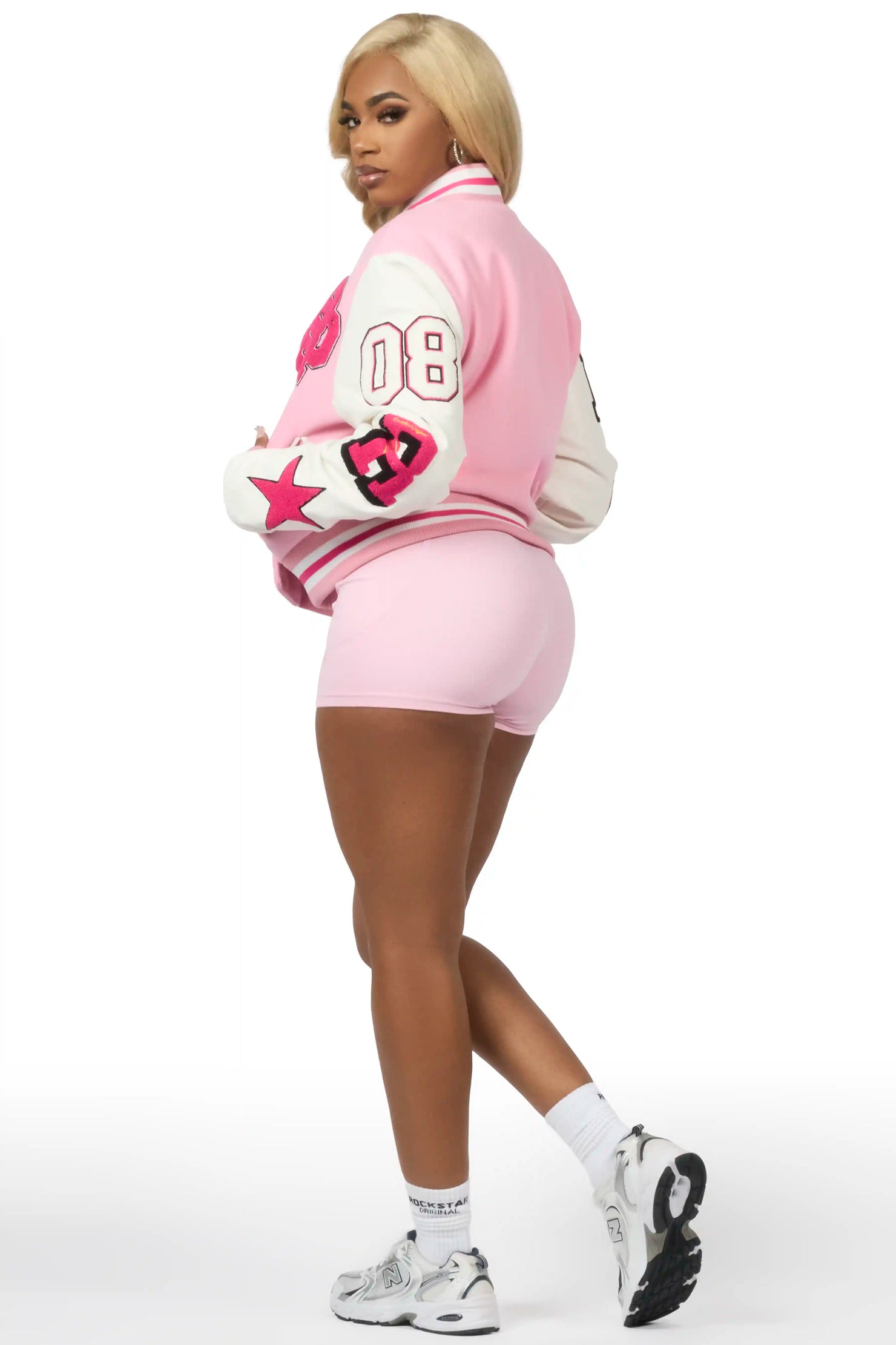 Adrienne Pink Oversized Varsity Jacket