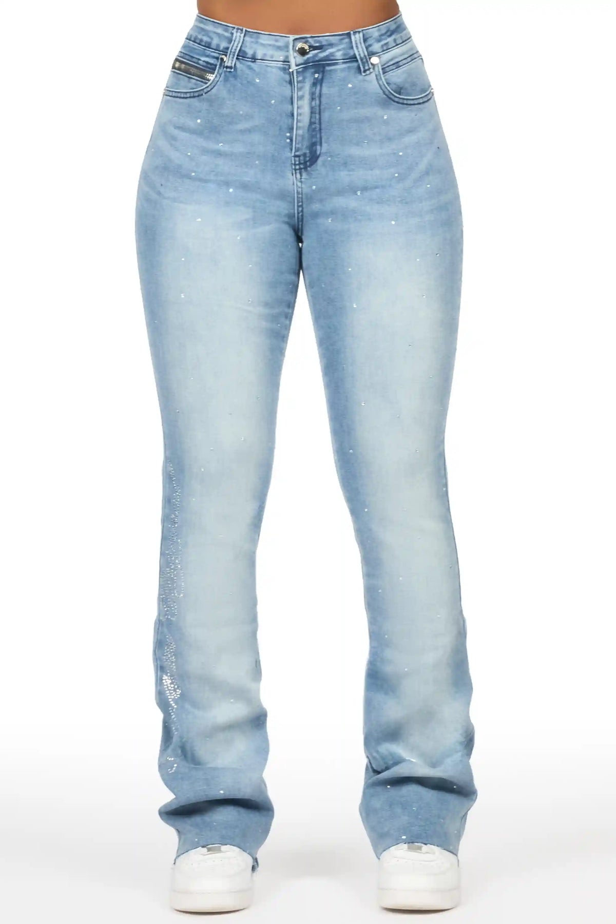 Chanteal Light Wash Rhinestone Stacked Flare Jean