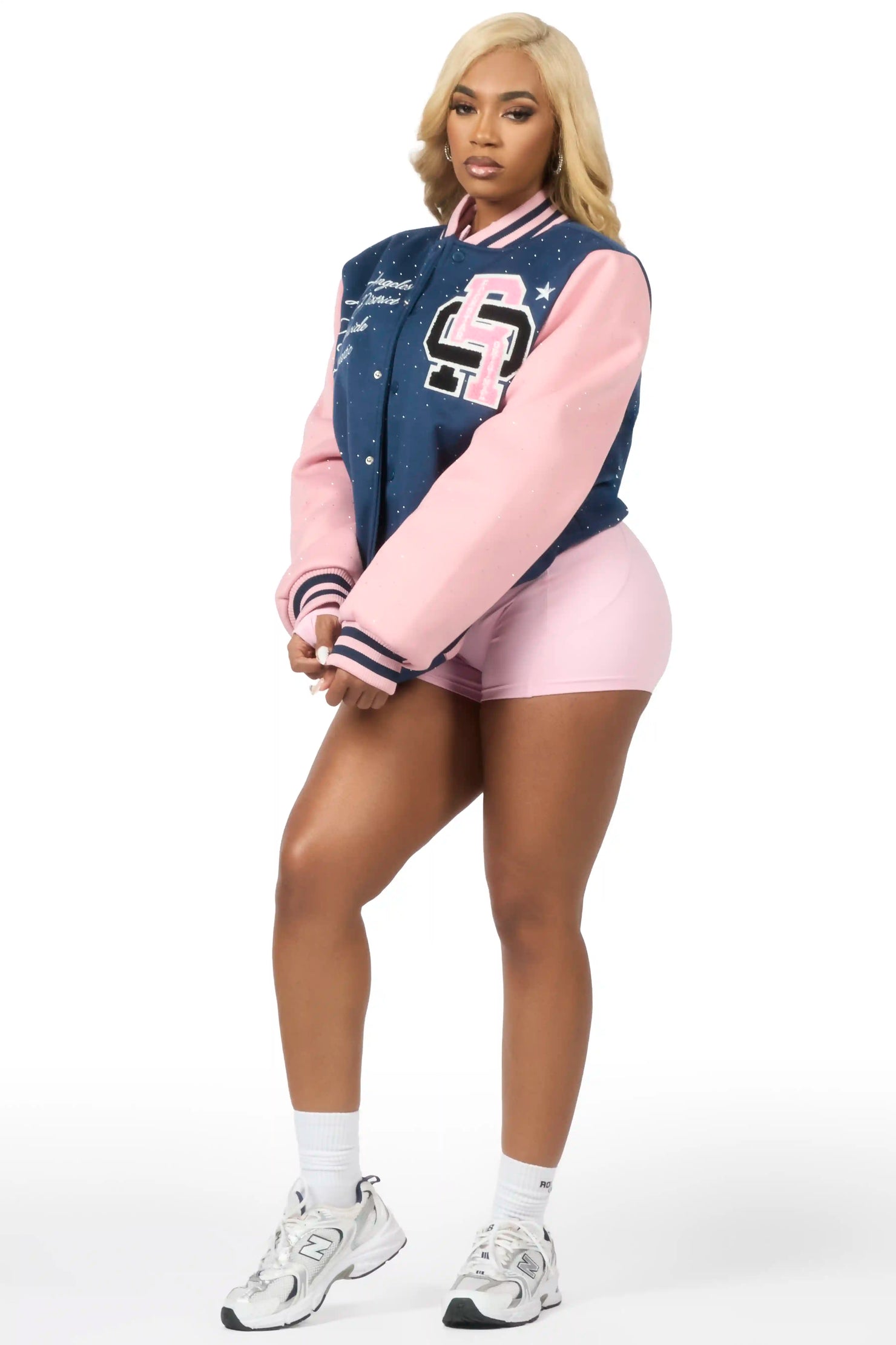 Ranesha Navy/Pink Rhinestone Varsity Jacket