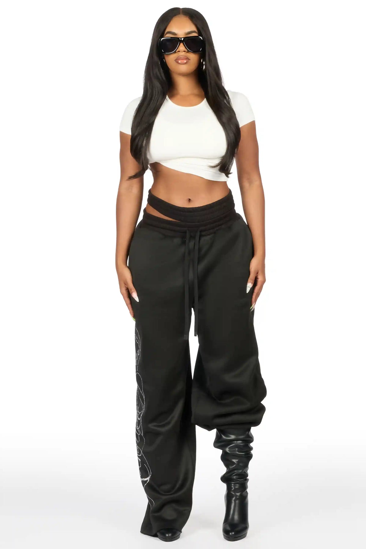 Sharhonda Black Rhinestone Baggy Track Pant