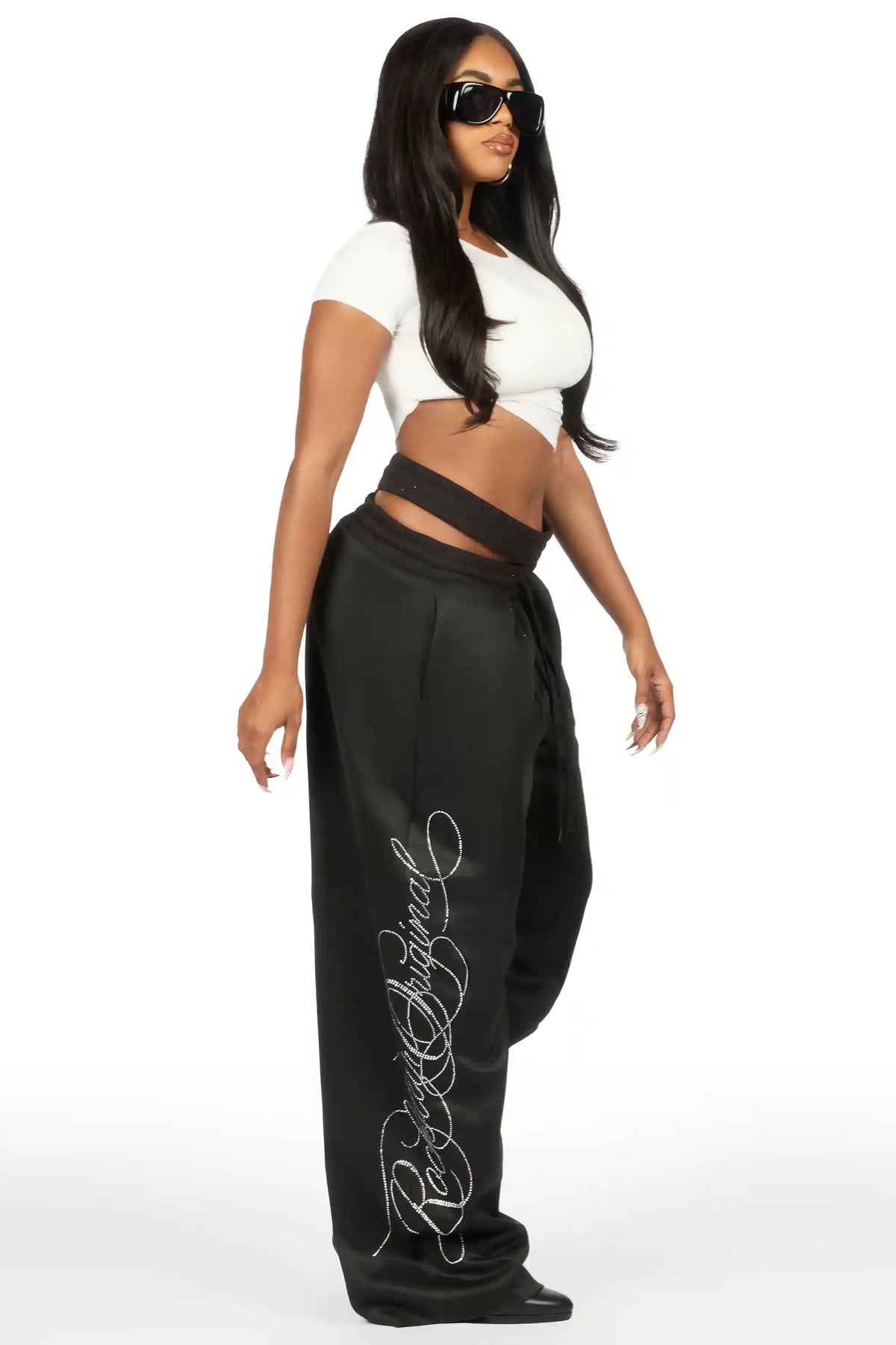 Sharhonda Black Rhinestone Baggy Track Pant