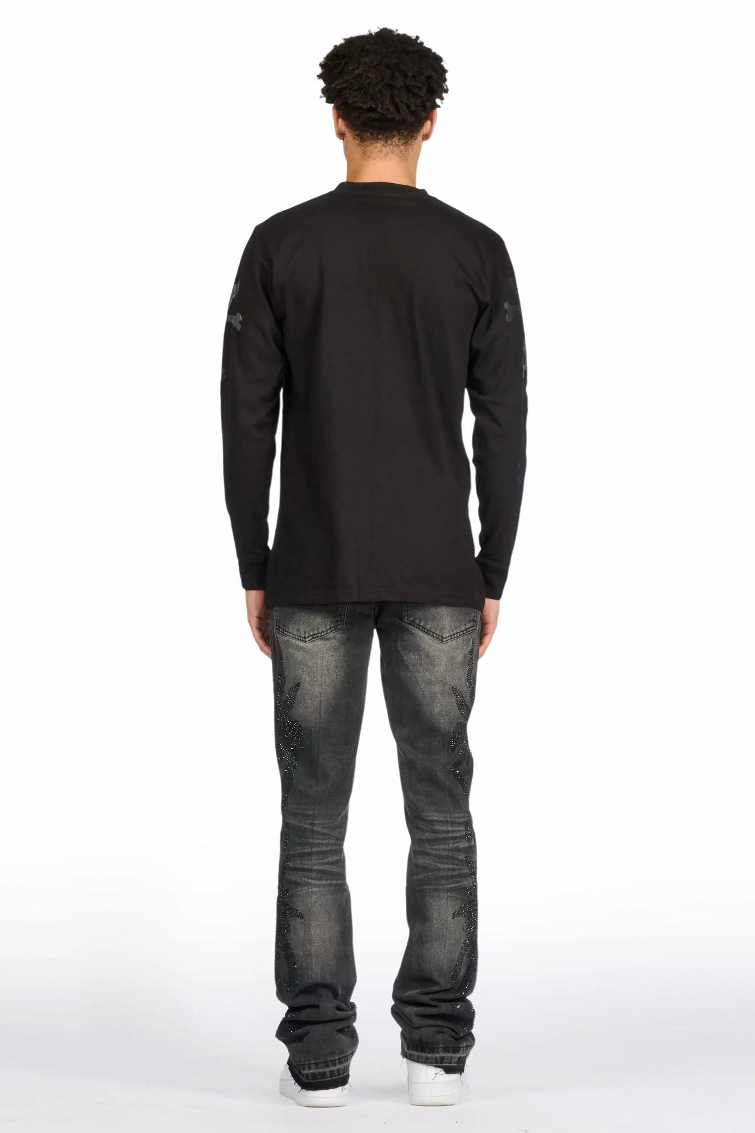 Shamaz Rhinestone Dark Grey Stacked Flare Jean