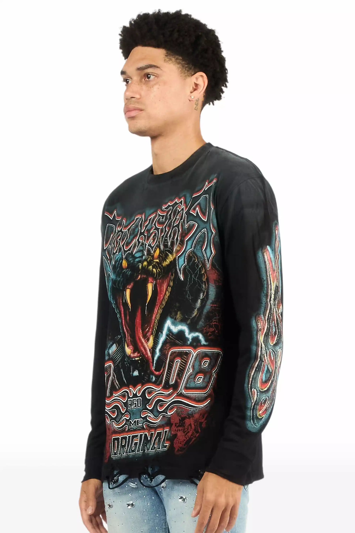 Rhylo Black/Multi Long Sleeve Distressed Graphic T-Shirt