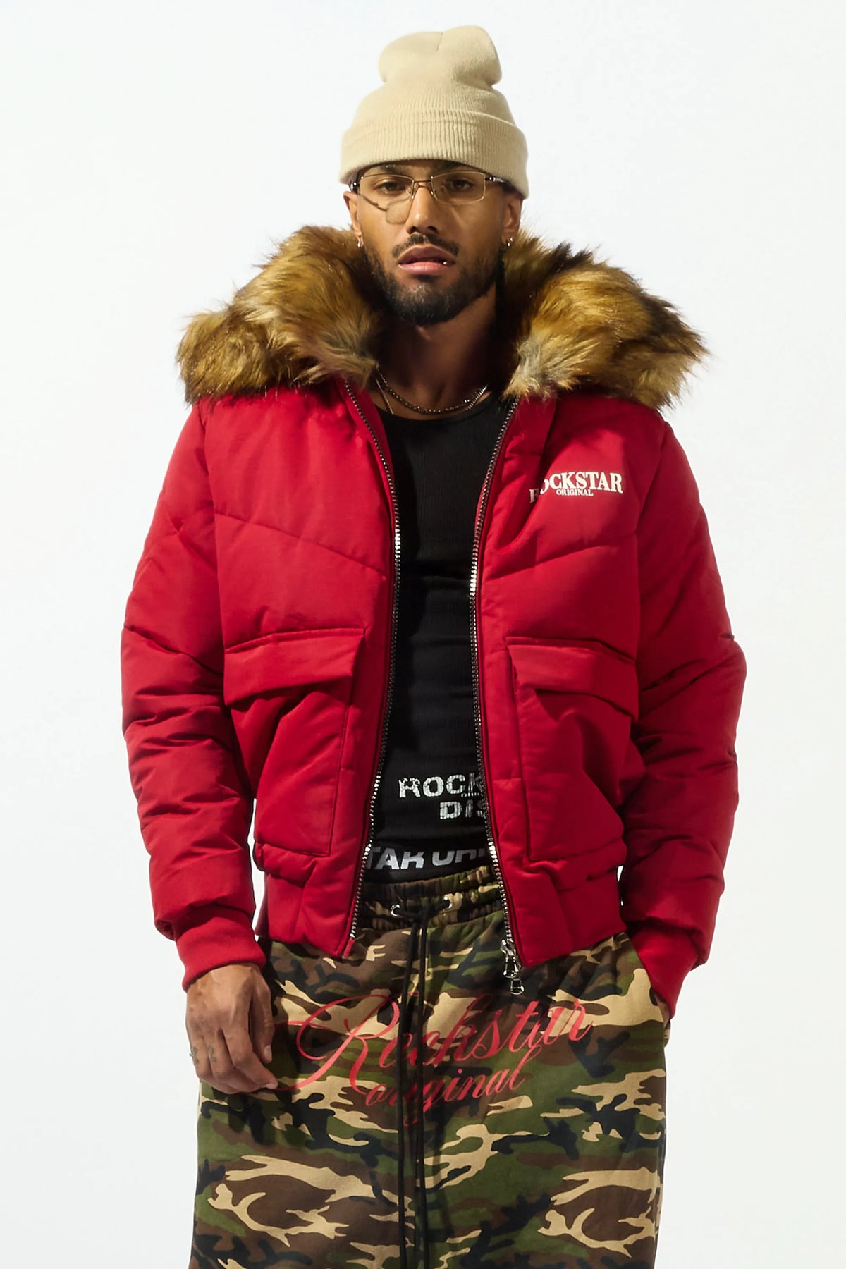 Langston Red Puffer Jacket with Fur Hood
