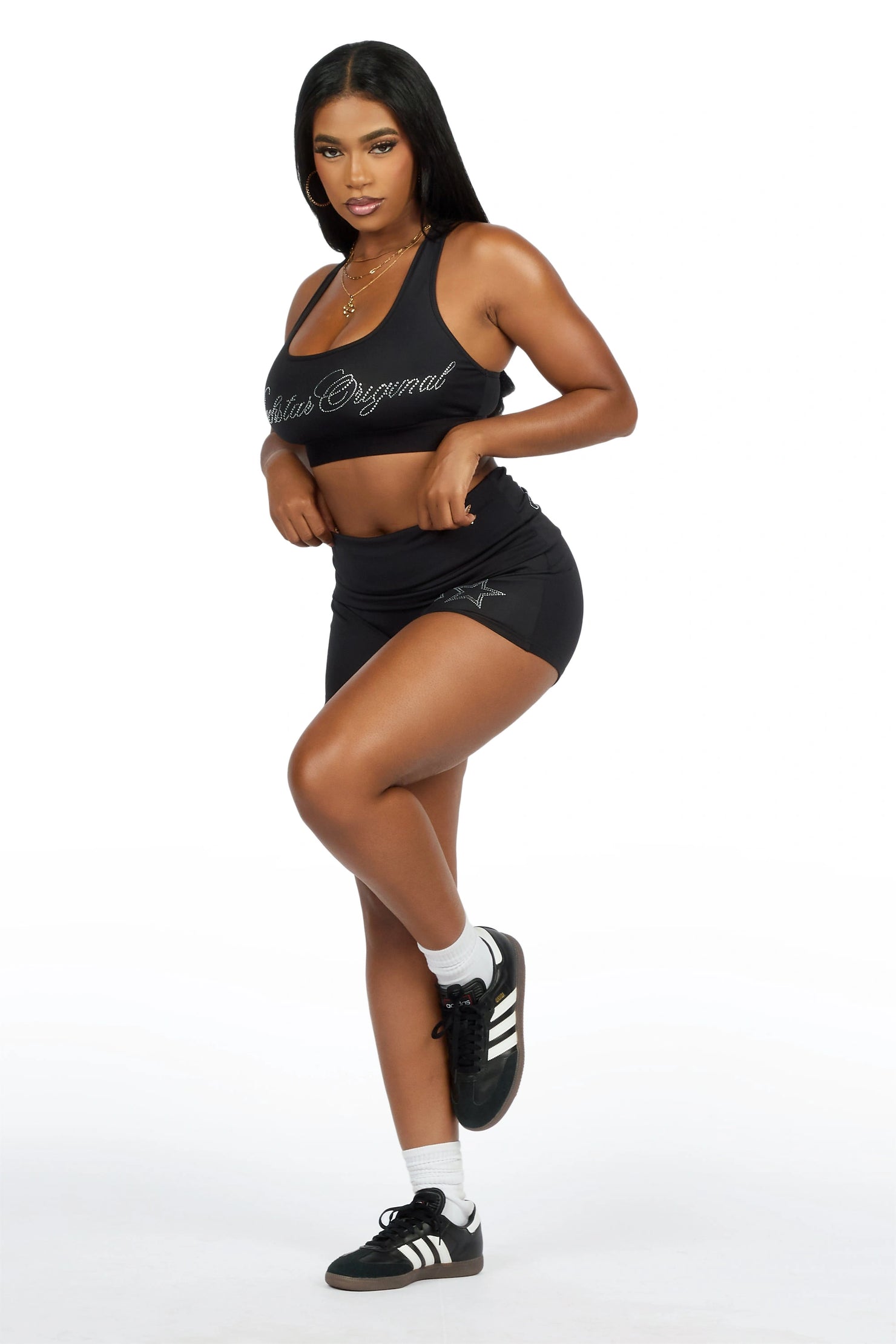 Arieona Black Rhinestone Sports Bra Foldover Short Set