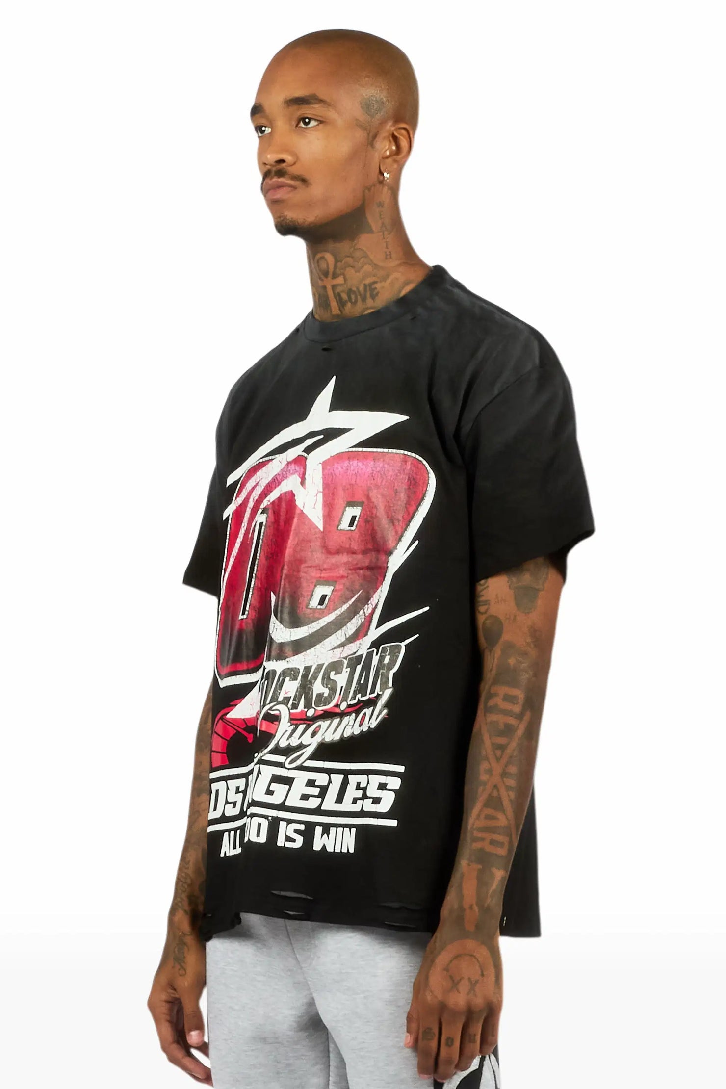 Kastell Black Oversized Distressed Graphic T-Shirt