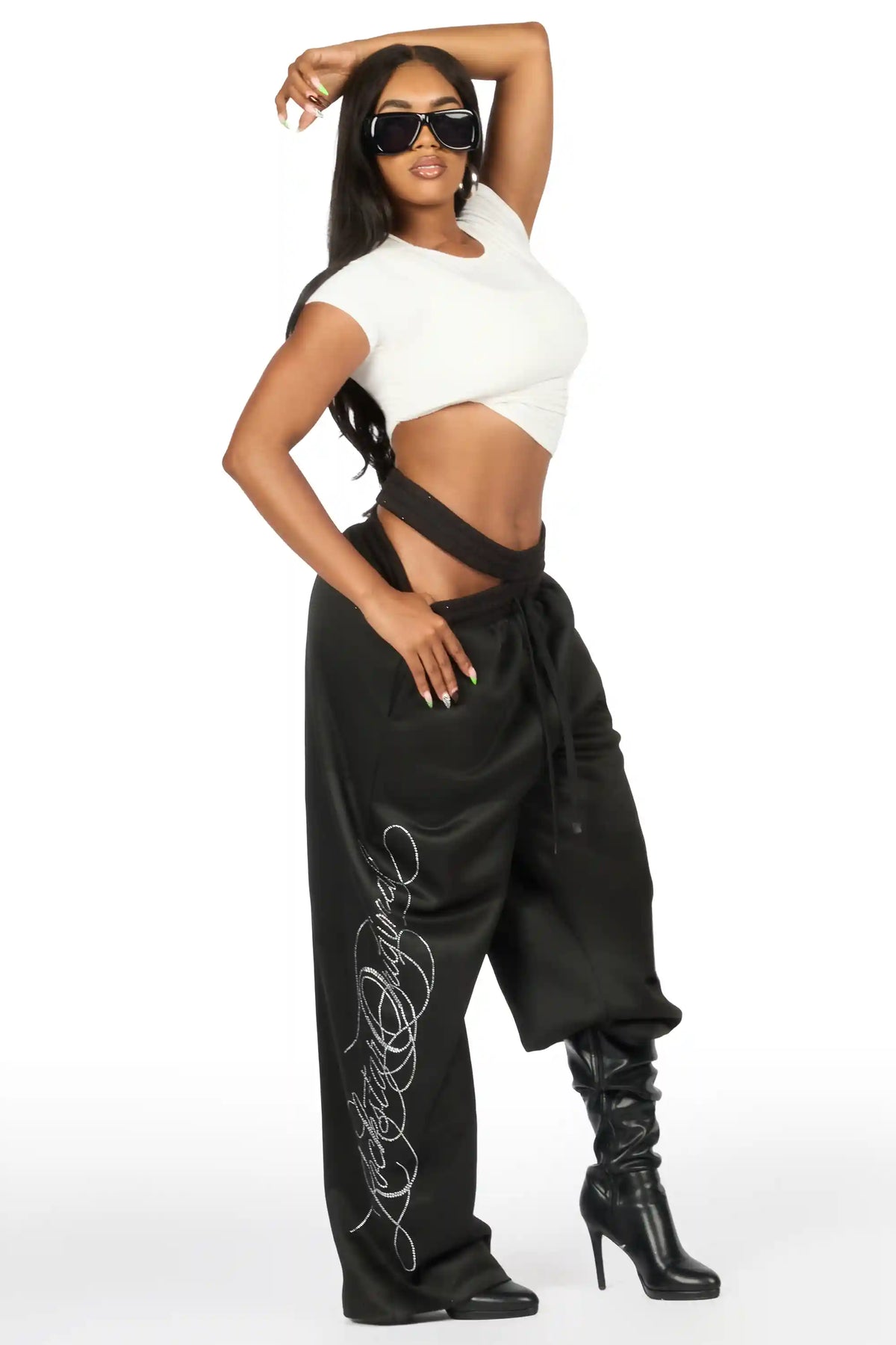 Sharhonda Black Rhinestone Baggy Track Pant