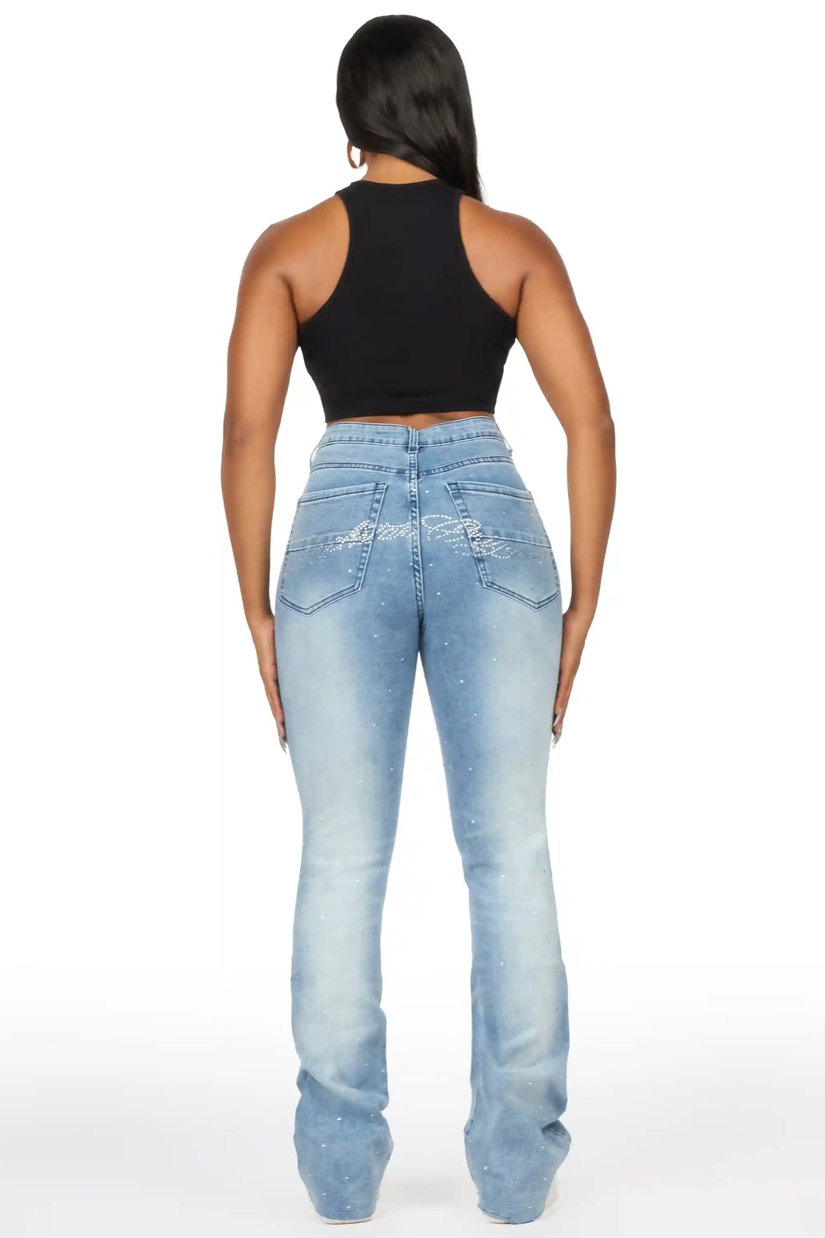 Chanteal Light Wash Rhinestone Stacked Flare Jean