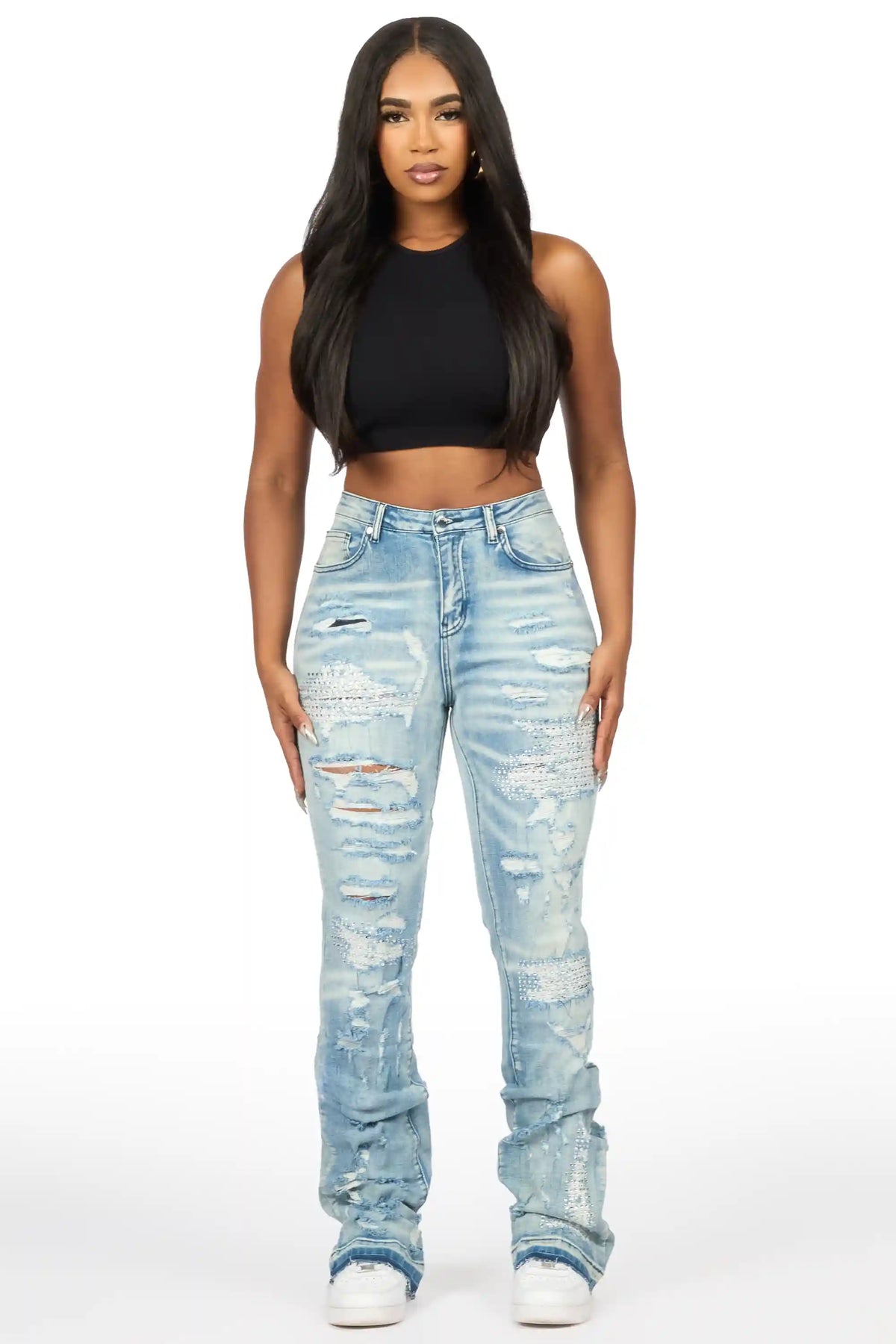 Kyesha Light Wash Rhinestone Stacked Flare Jean