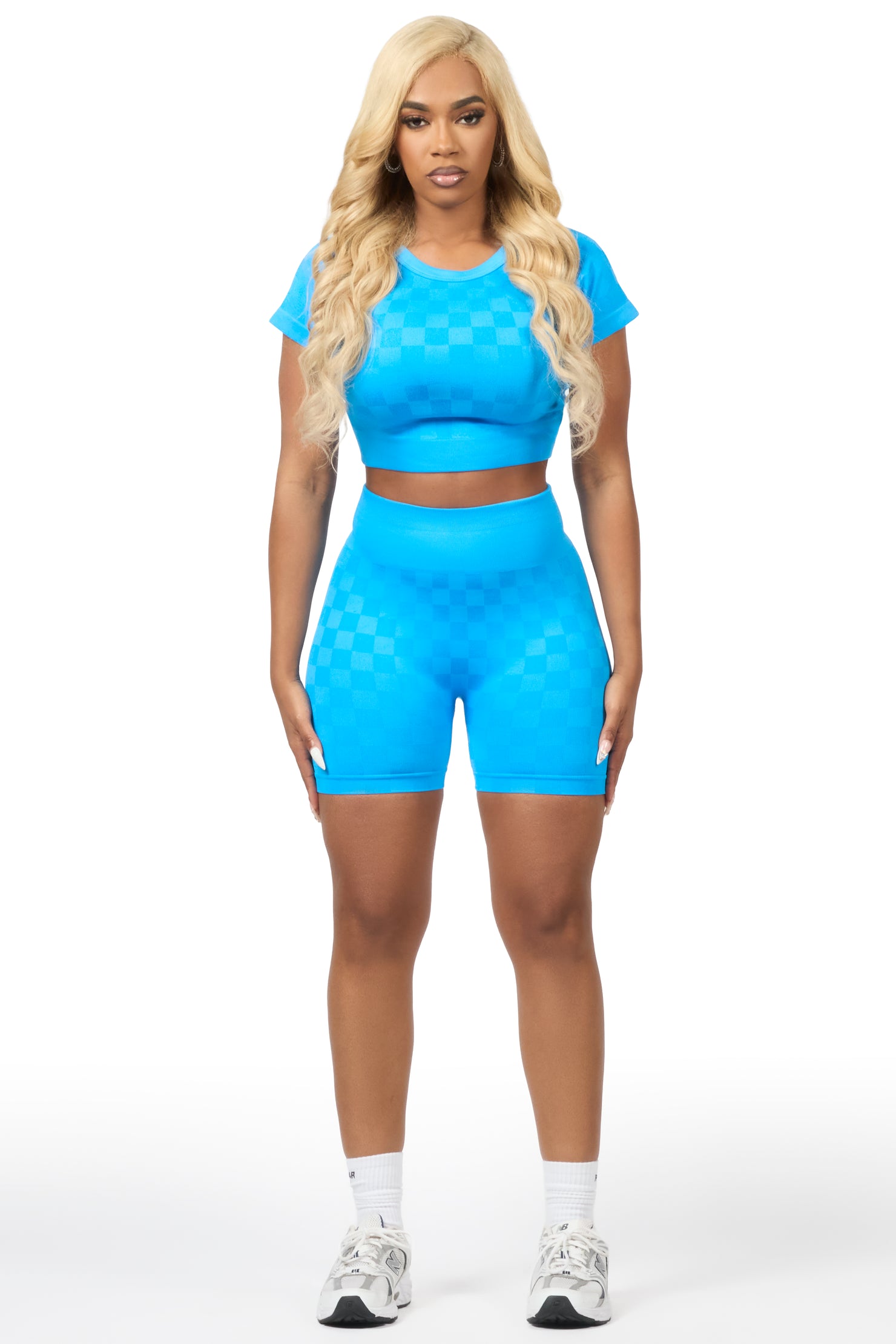 Adrianna Blue Checkered Bike Short Set