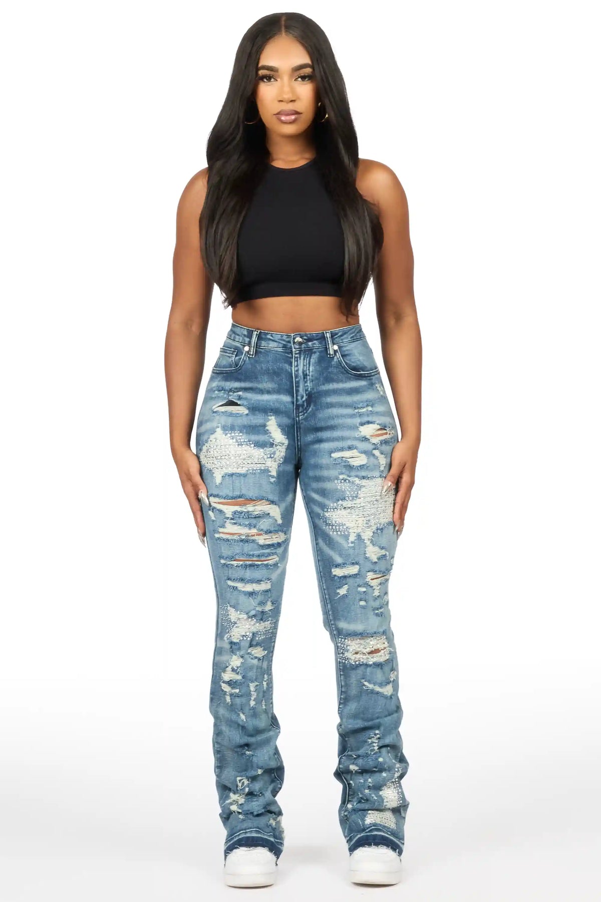 Kyesha Medium Wash Rhinestone Stacked Flare Jean