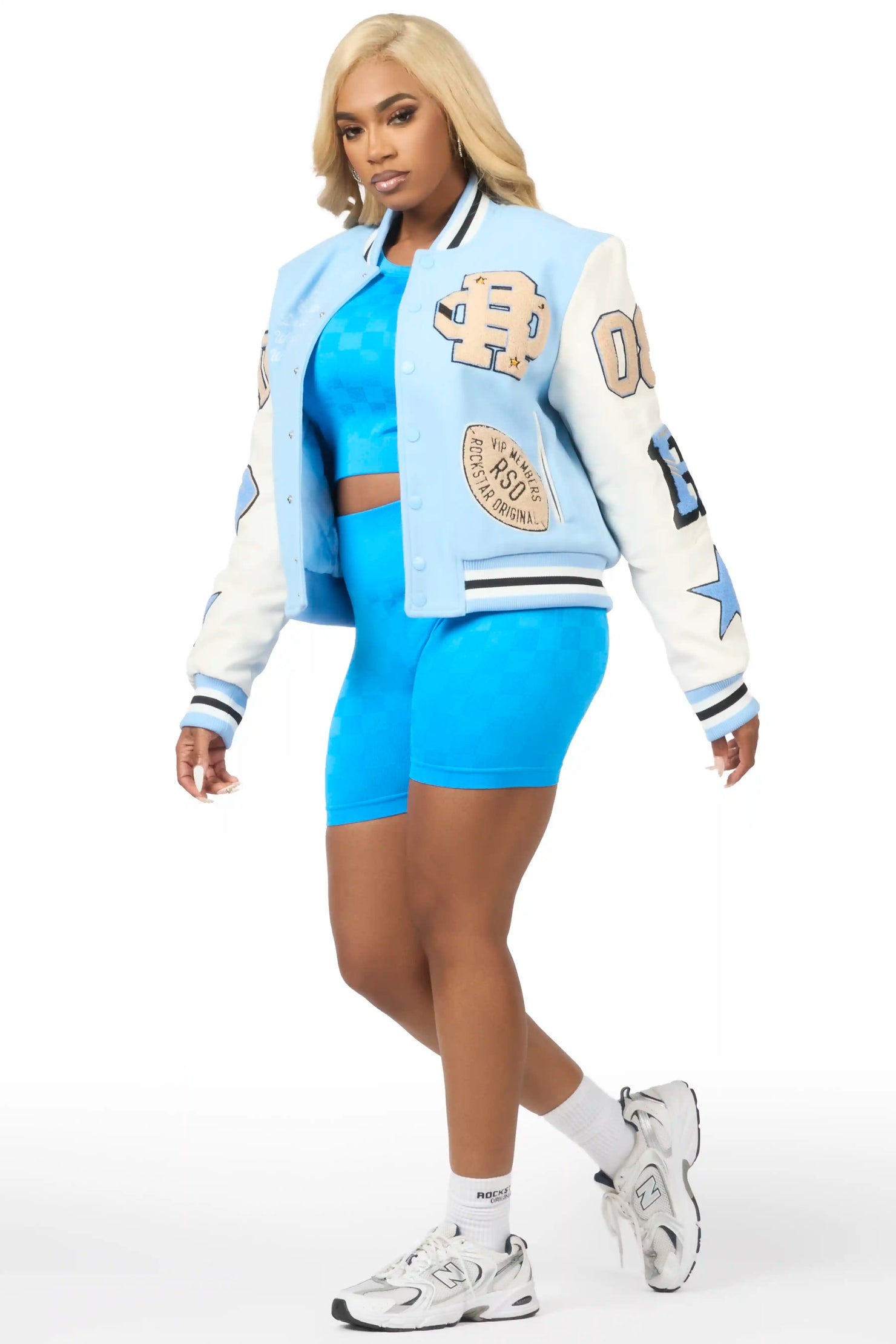 Adrienne Baby Blue Oversized Varsity Jacket