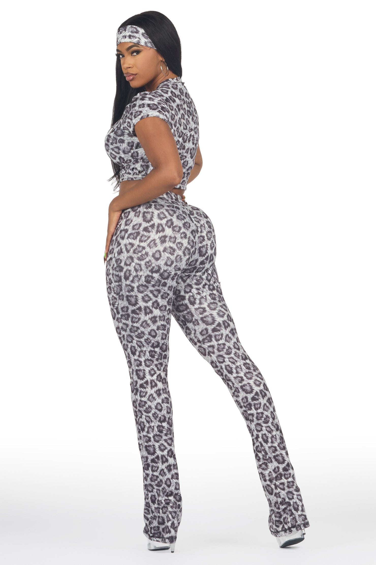 Mykalah Grey Cheetah Crop T-Shirt Stacked Track Set