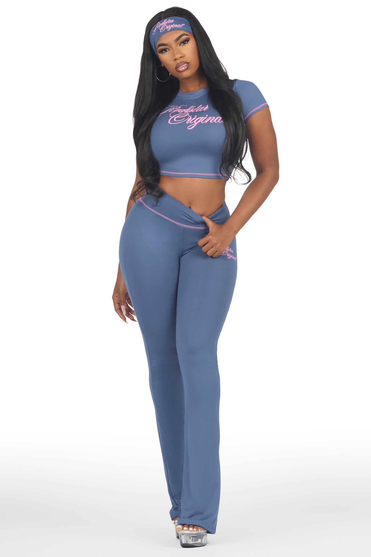 Mykalah Navy/Pink Crop T-Shirt Stacked Track Set