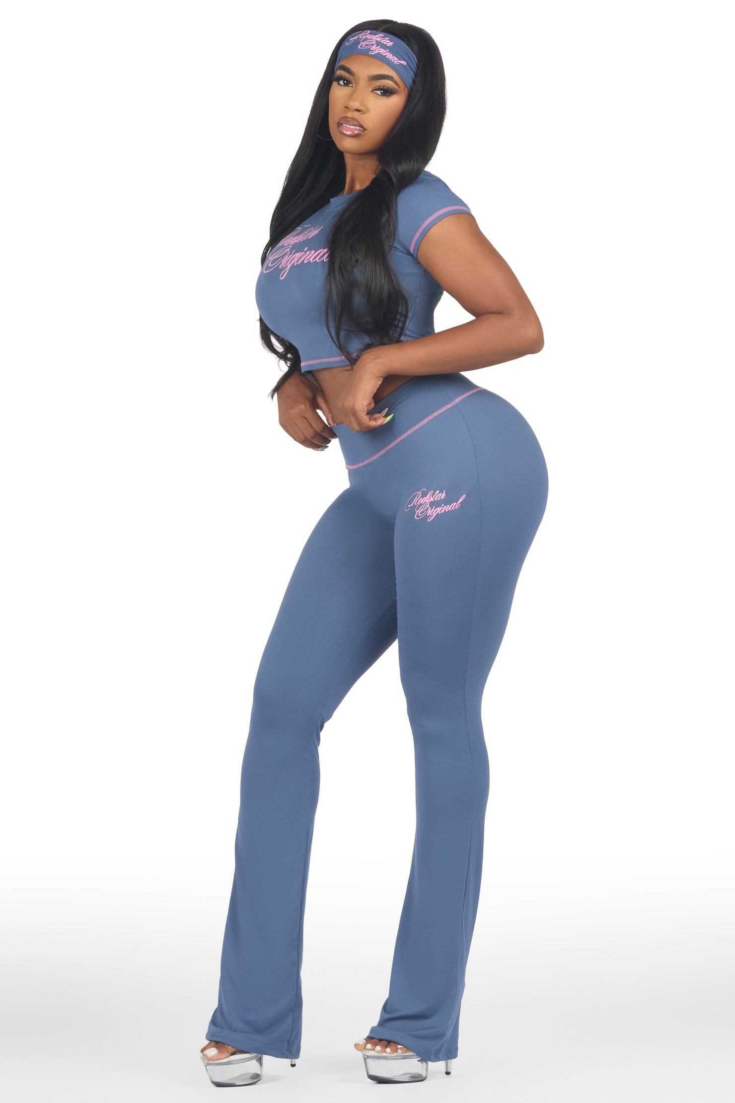 Mykalah Navy/Pink Crop T-Shirt Stacked Track Set