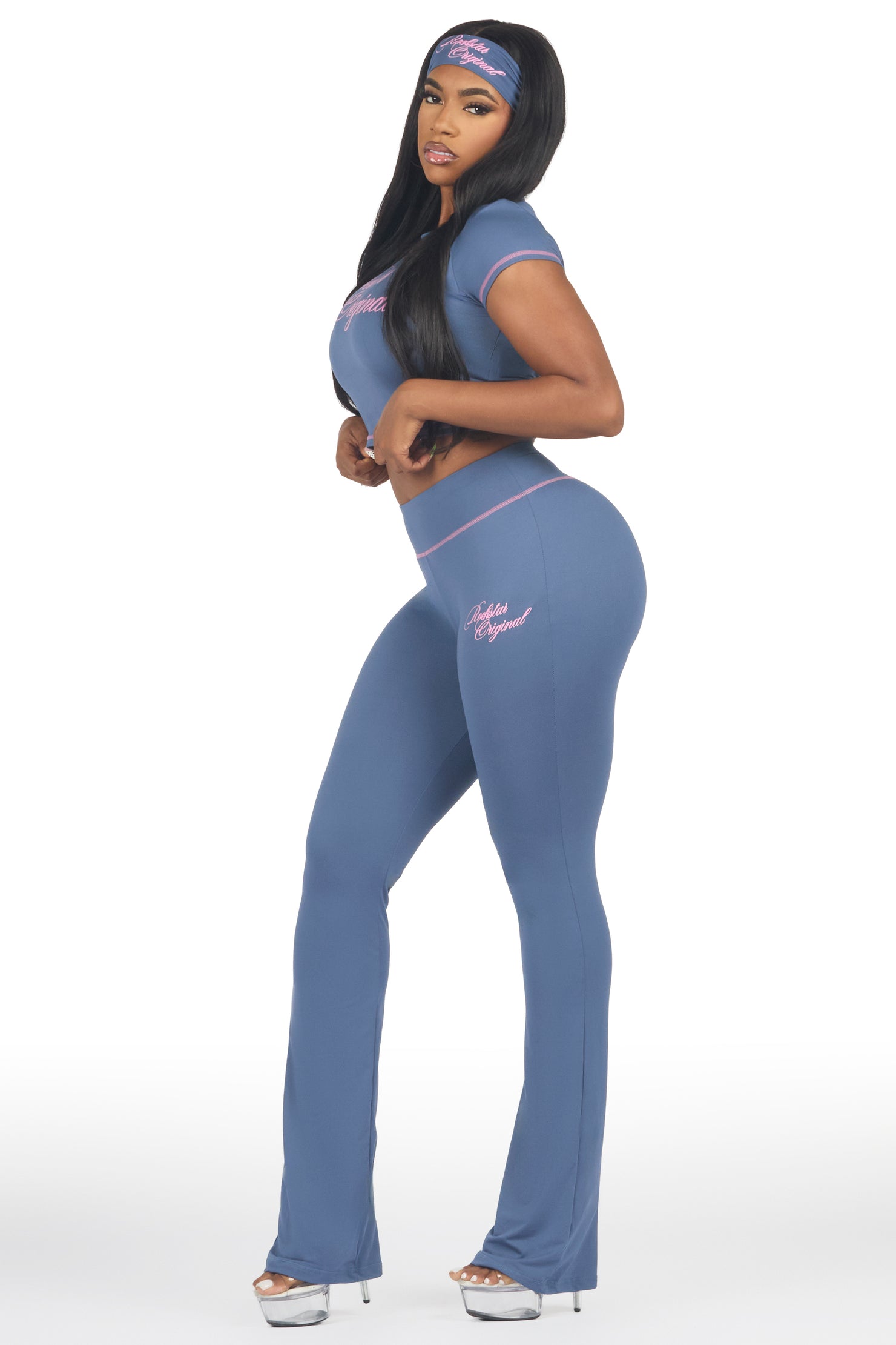 Mykalah Navy/Pink Crop T-Shirt Stacked Track Set