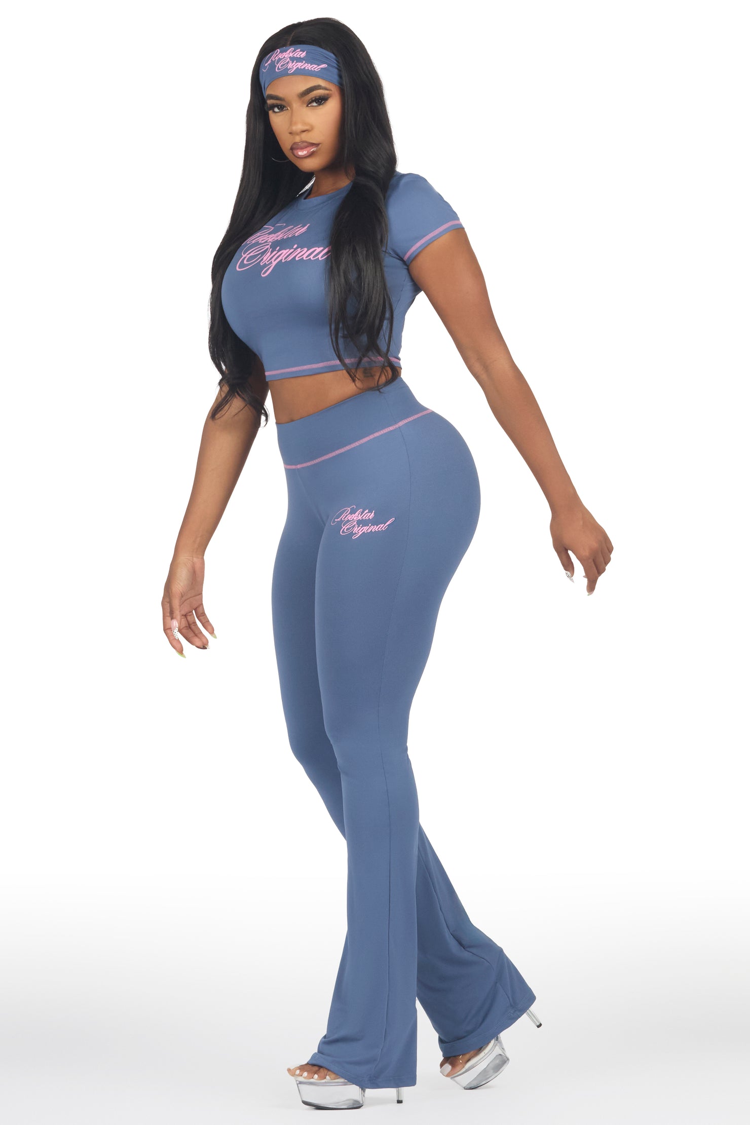 Mykalah Navy/Pink Crop T-Shirt Stacked Track Set