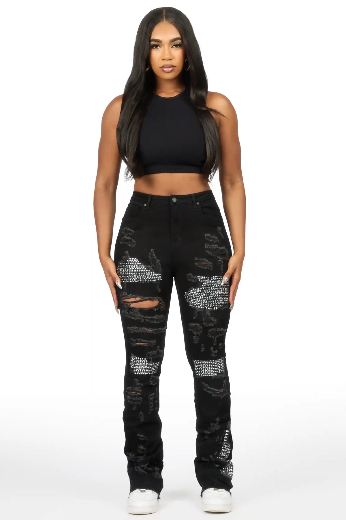 Kyesha Black Rhinestone Stacked Flare Jean
