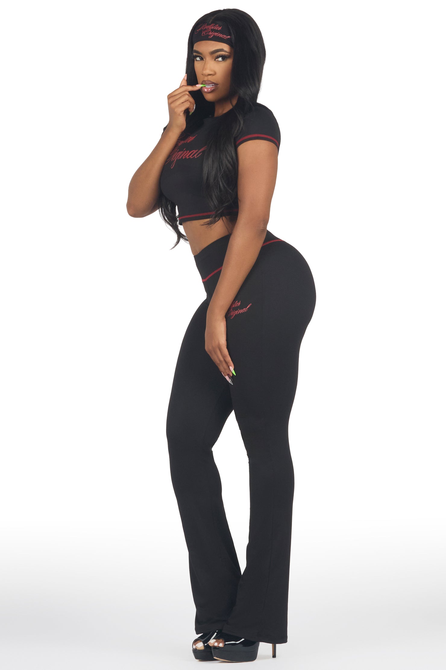 Mykalah Black/Red Crop T-Shirt Stacked Track Set