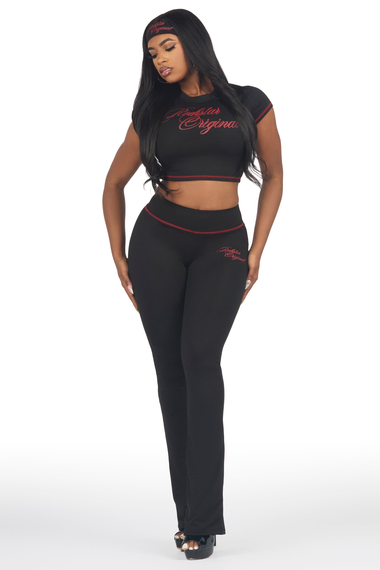Mykalah Black/Red Crop T-Shirt Stacked Track Set