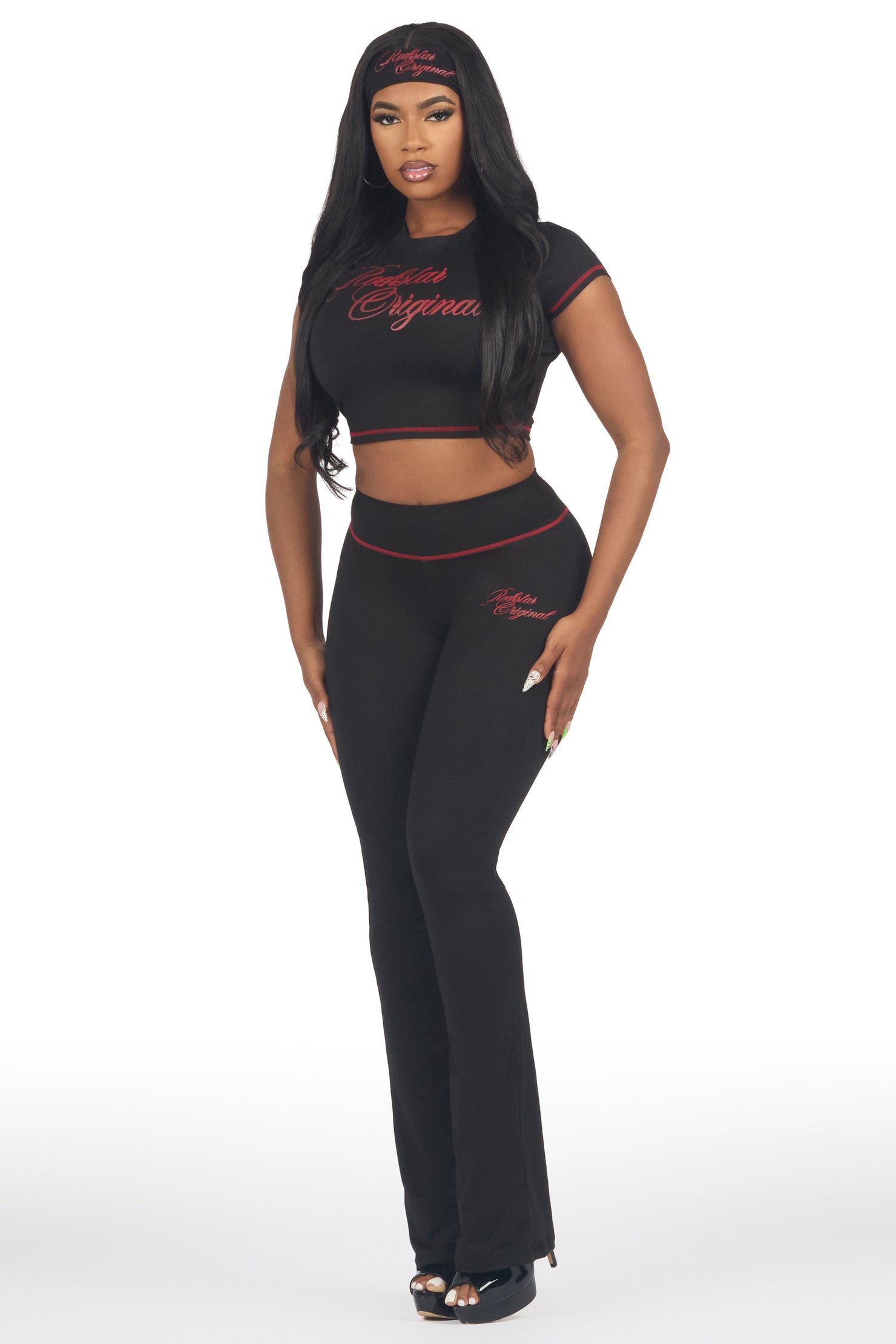 Mykalah Black/Red Crop T-Shirt Stacked Track Set