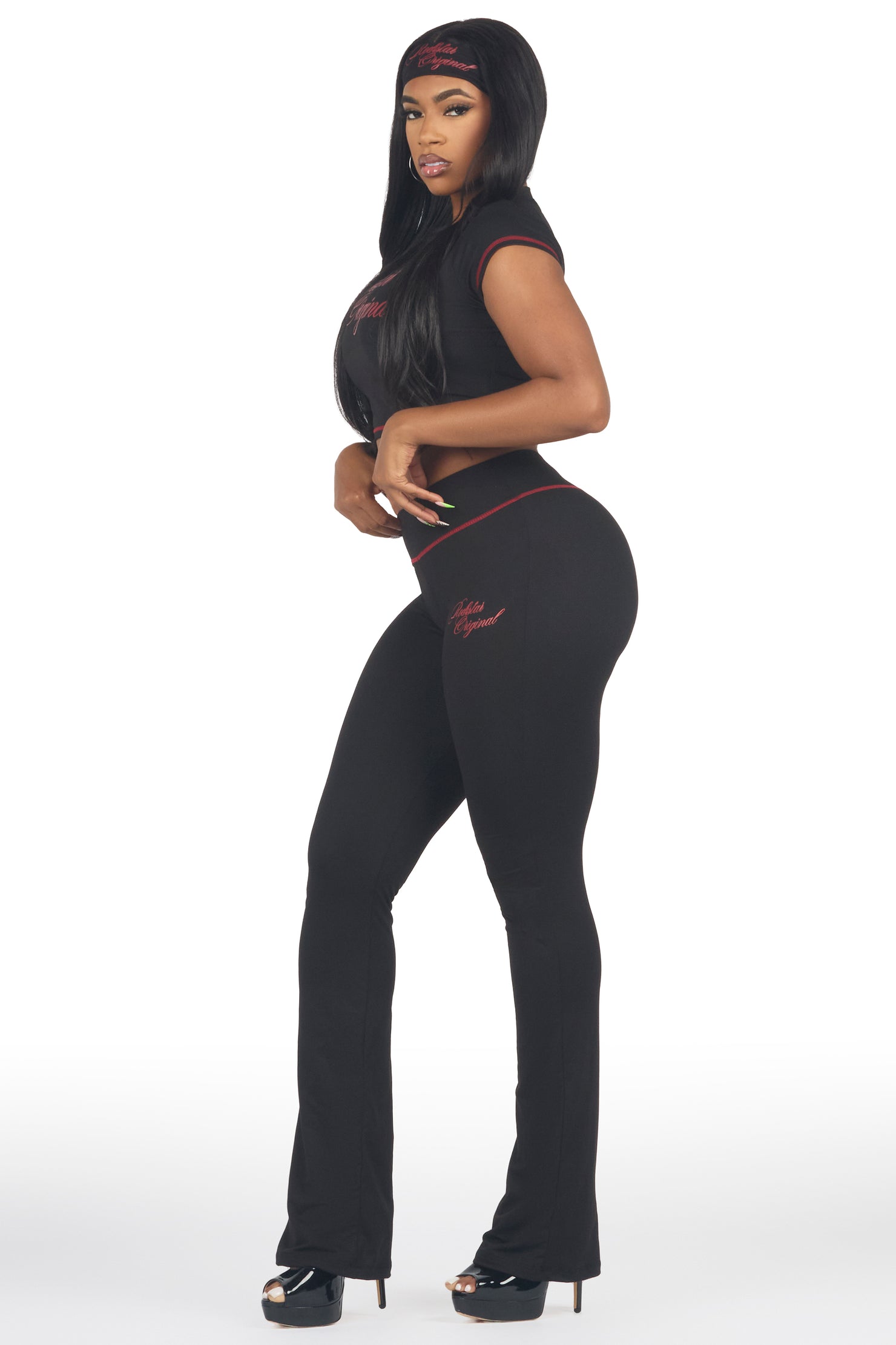 Mykalah Black/Red Crop T-Shirt Stacked Track Set