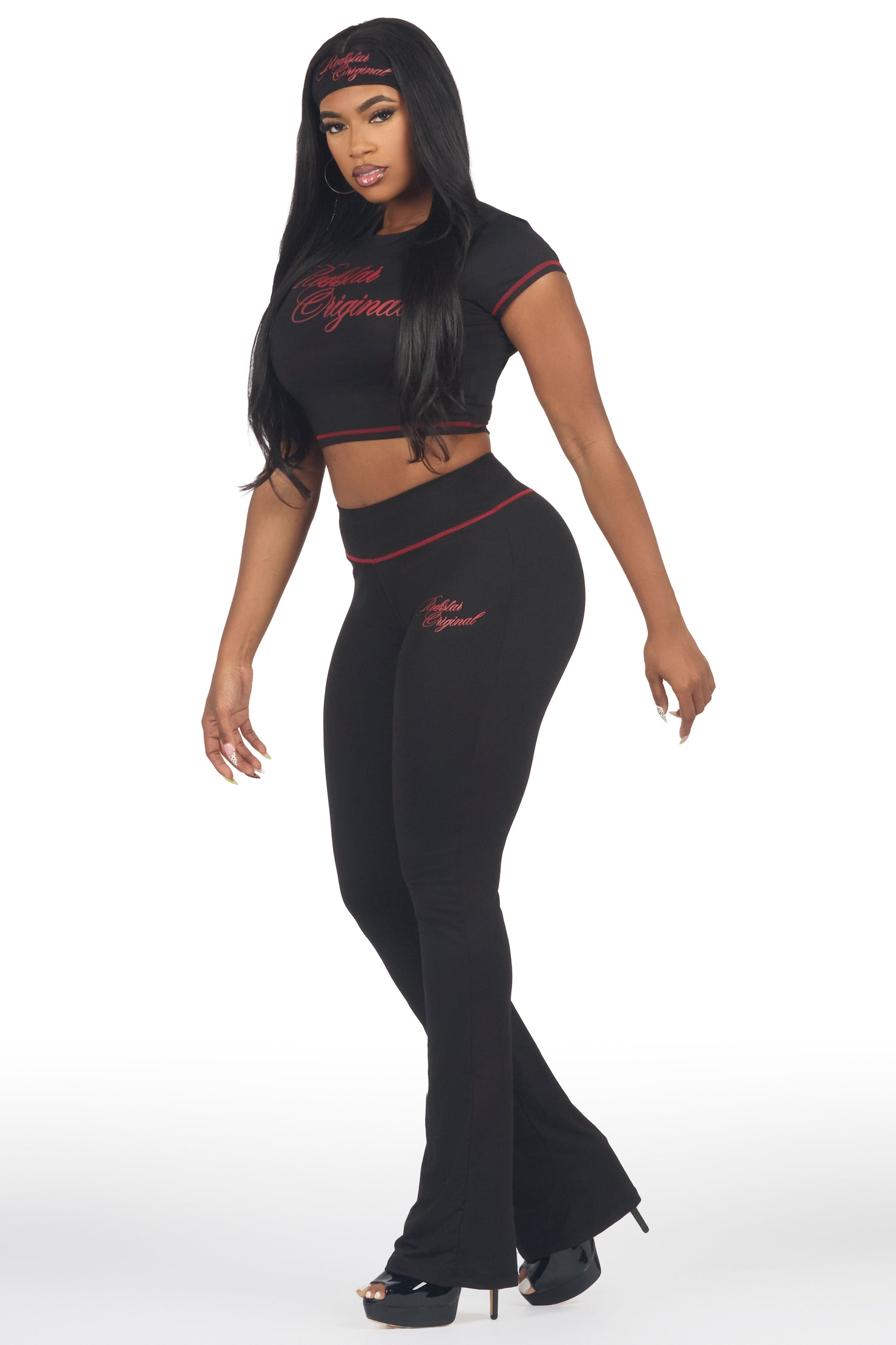 Mykalah Black/Red Crop T-Shirt Stacked Track Set