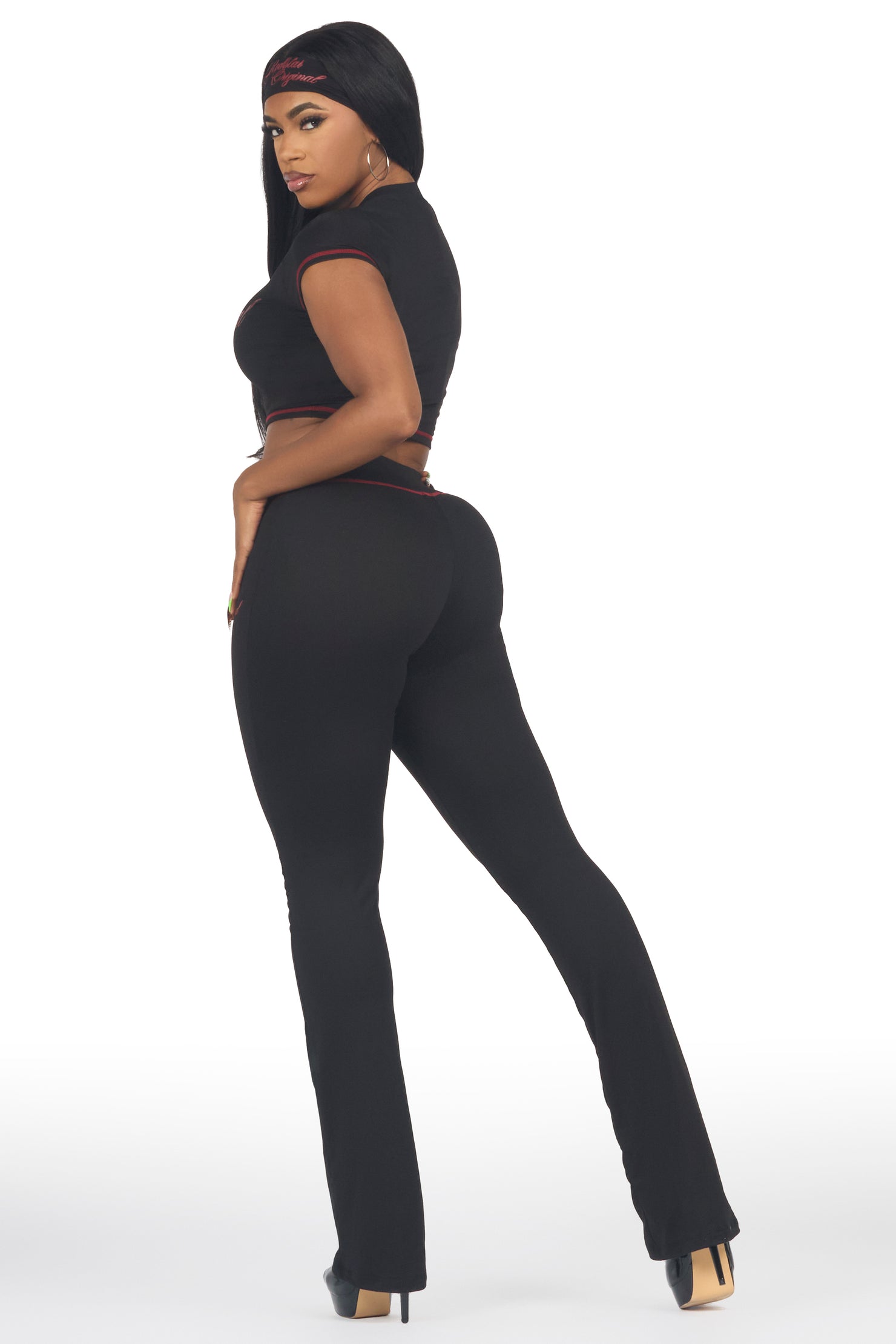 Mykalah Black/Red Crop T-Shirt Stacked Track Set