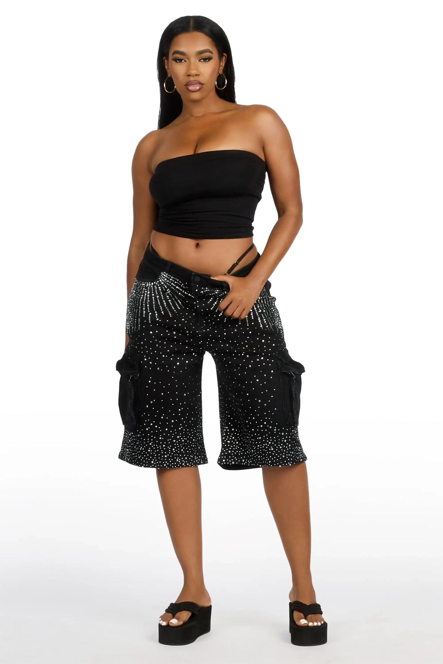 Lashandra Black Rhinestone Denim Jort