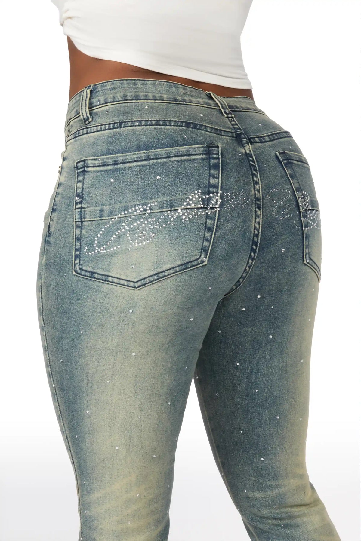 Chanteal Tinted Wash Rhinestone Stacked Flare Jean