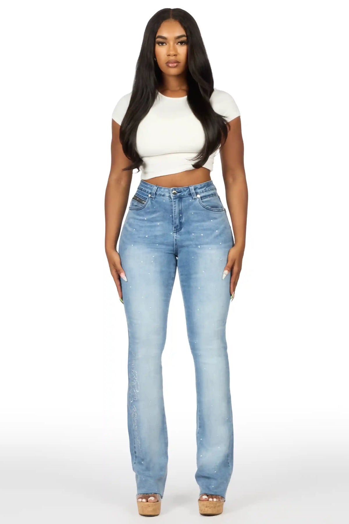 Chanteal Light Wash Rhinestone Stacked Flare Jean