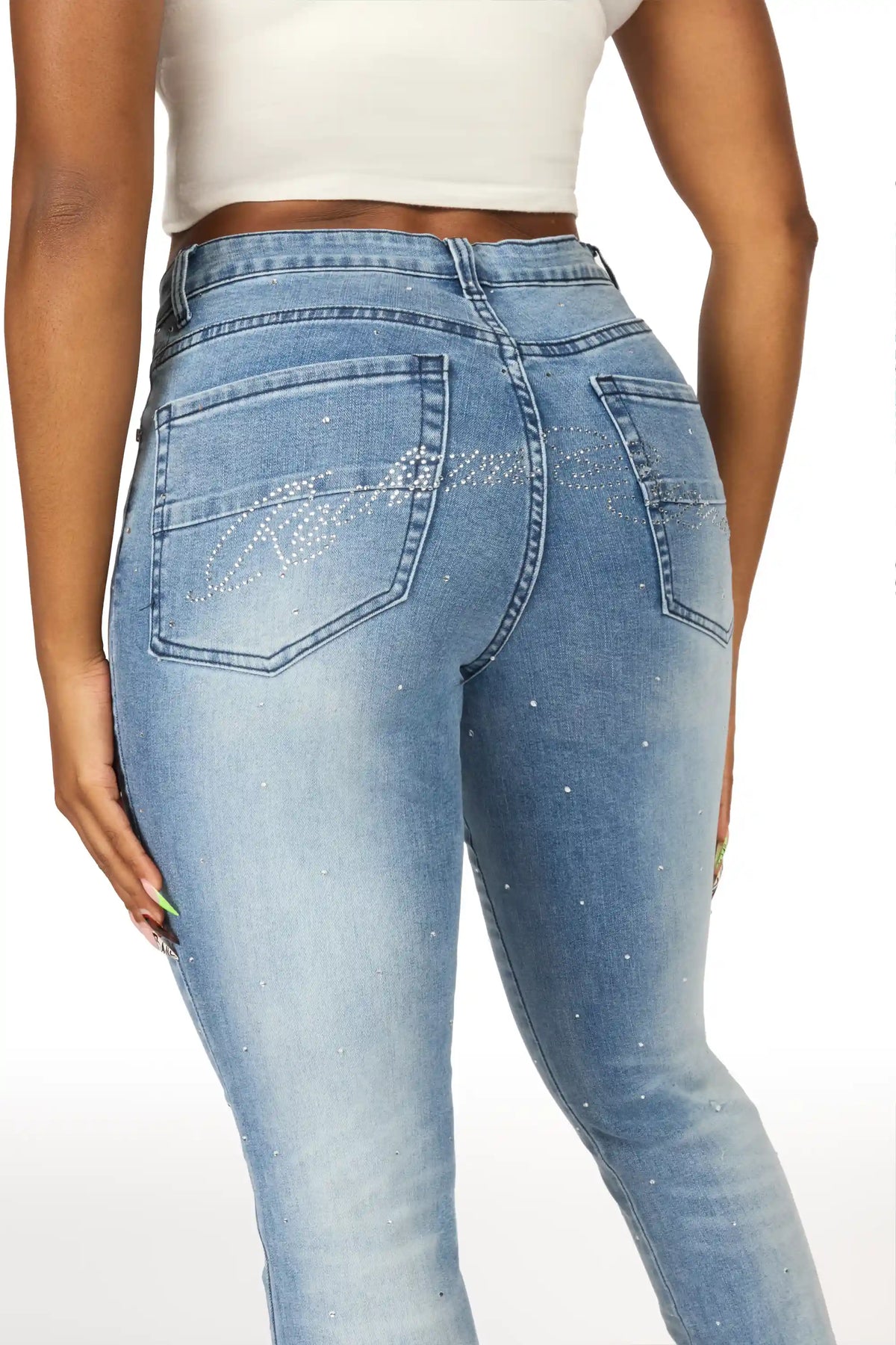 Chanteal Light Wash Rhinestone Stacked Flare Jean