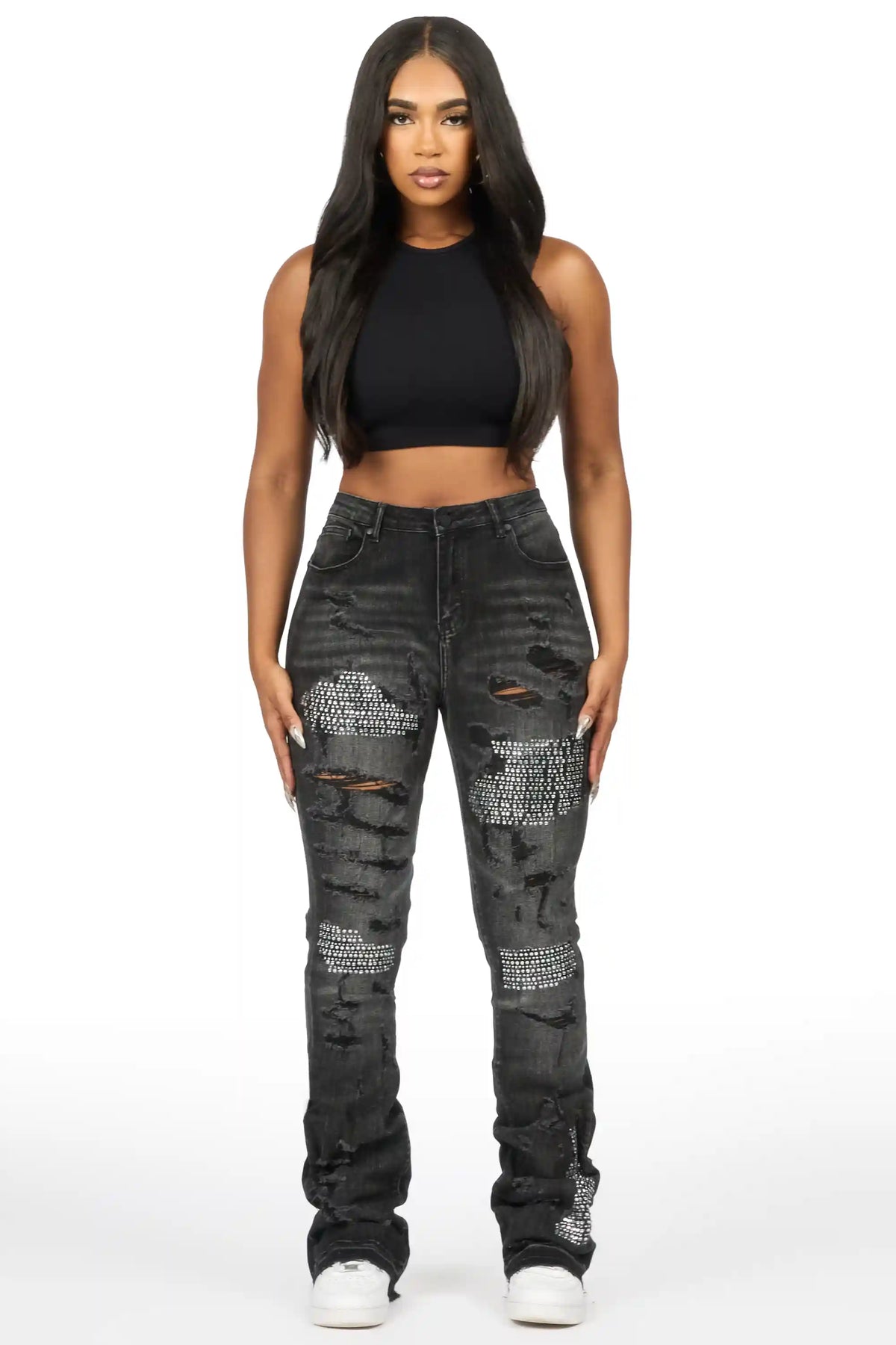 Kyesha Grey Wash Rhinestone Stacked Flare Jean
