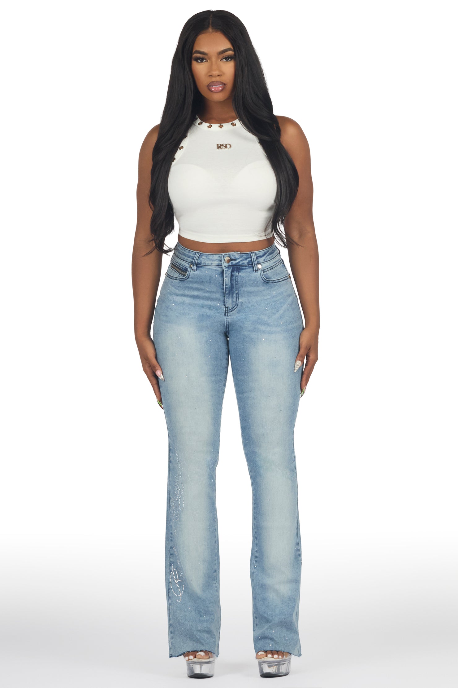 Chanteal Light Wash Rhinestone Stacked Flare Jean