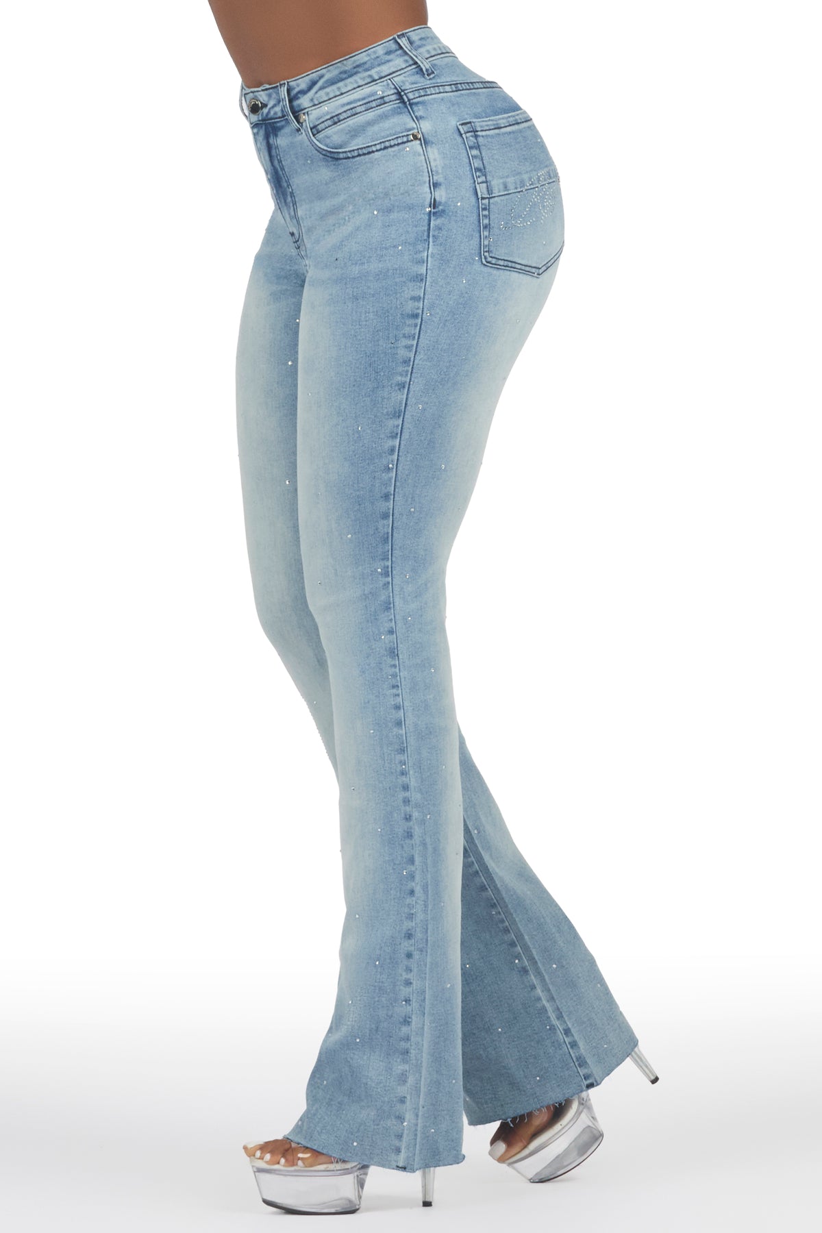 Chanteal Light Wash Rhinestone Stacked Flare Jean