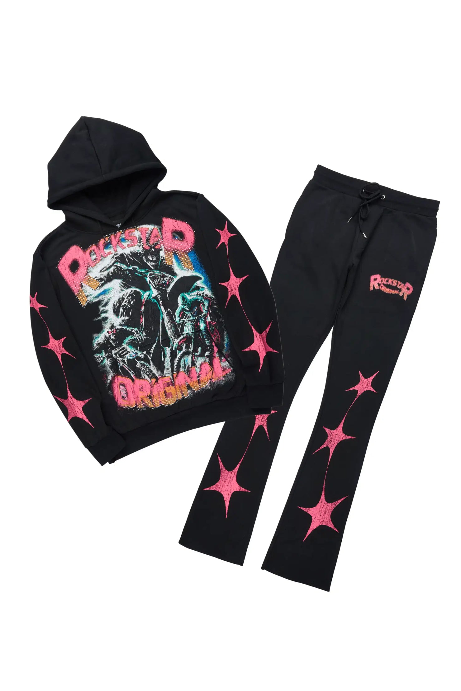 Trezno Black Hoodie/Stacked Pant Track Set