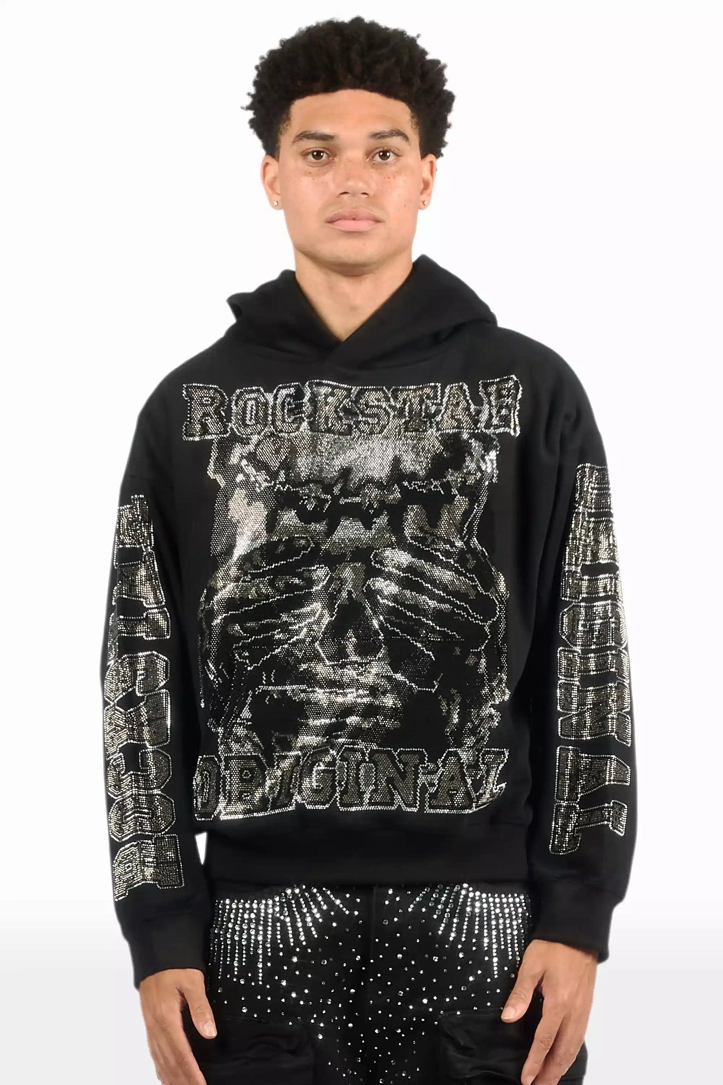 Move In Silence Black Rhinestone Oversized Hoodie