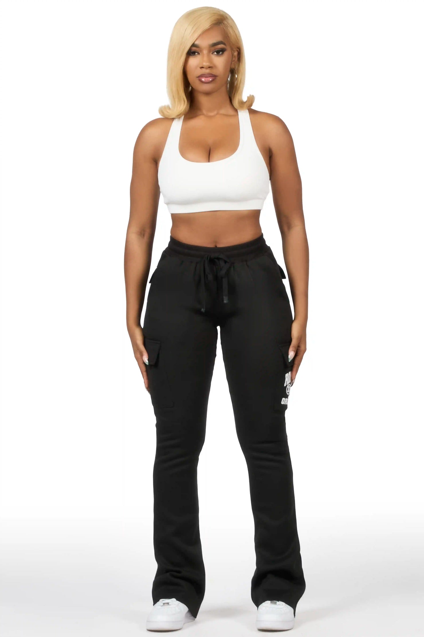 Elandira Black Cargo Stacked Track Pant