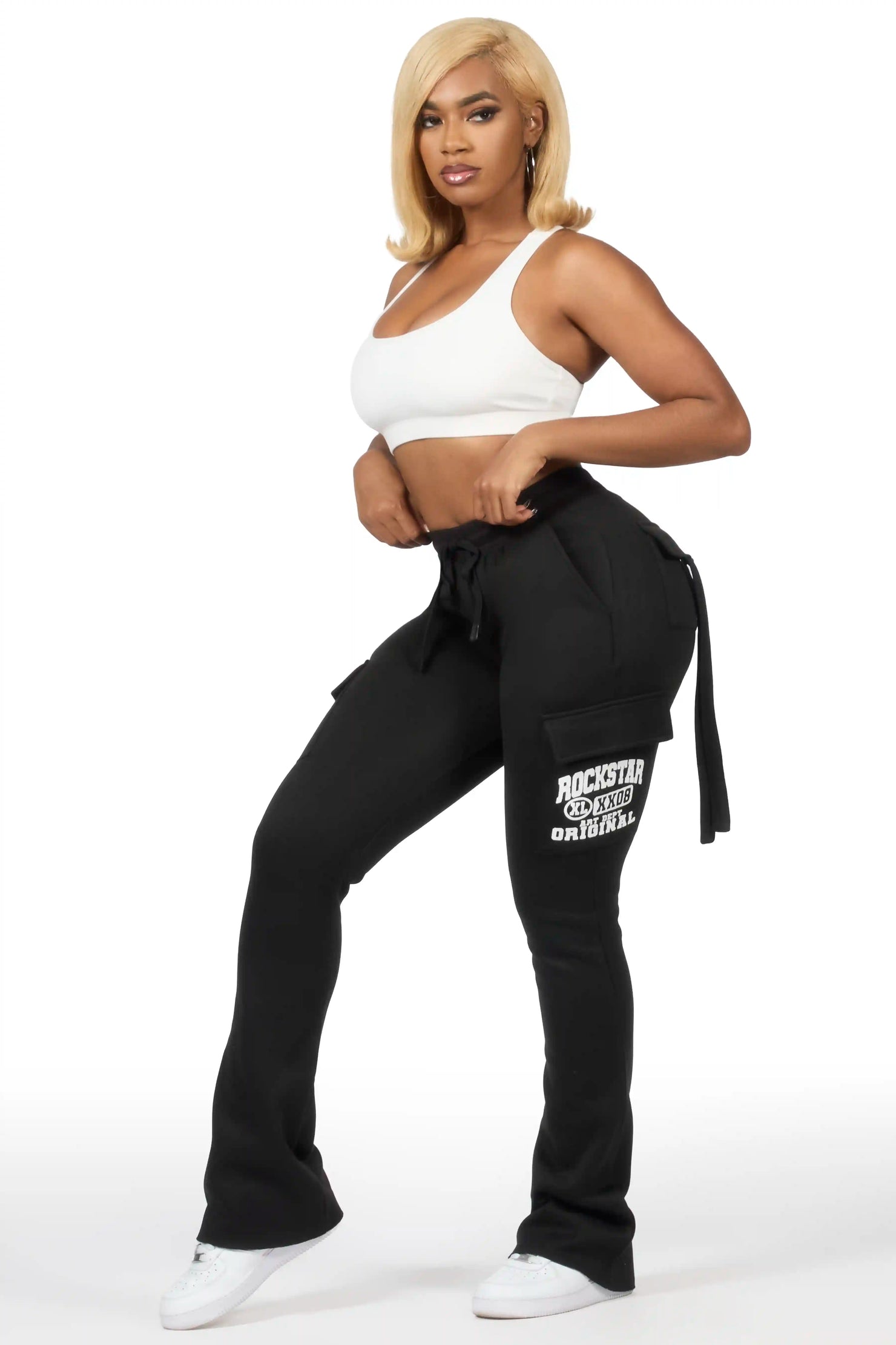 Elandira Black Cargo Stacked Track Pant