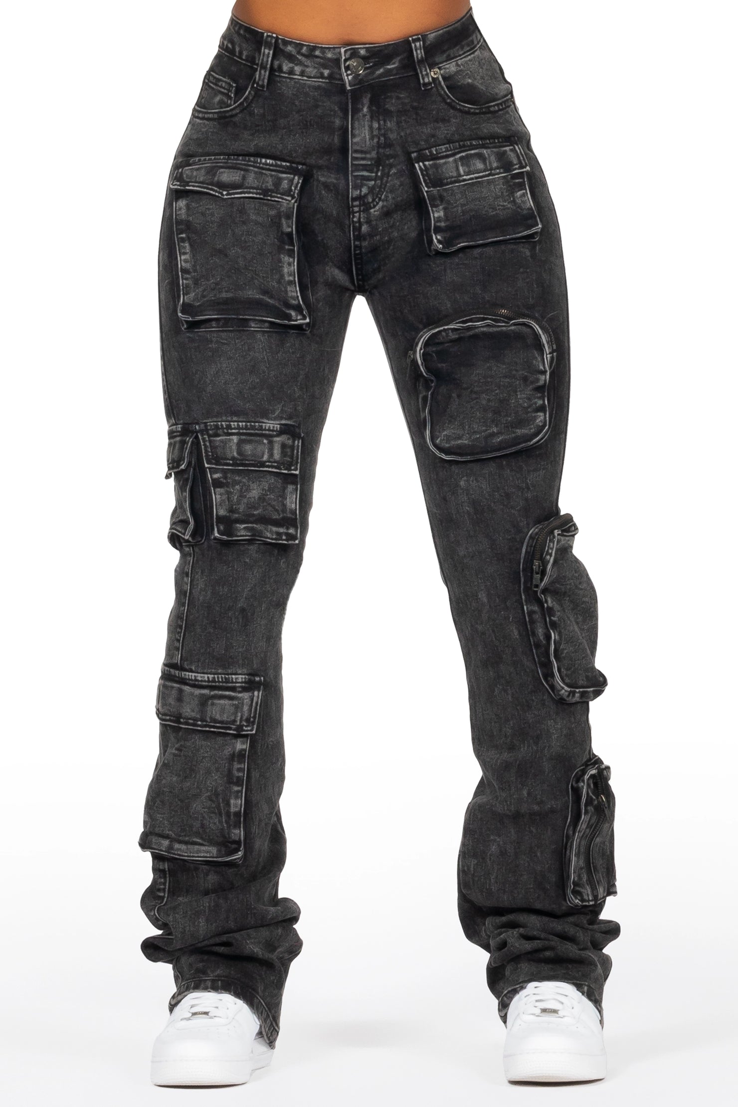 Symone Black Wash Cargo Stacked Flare Jean